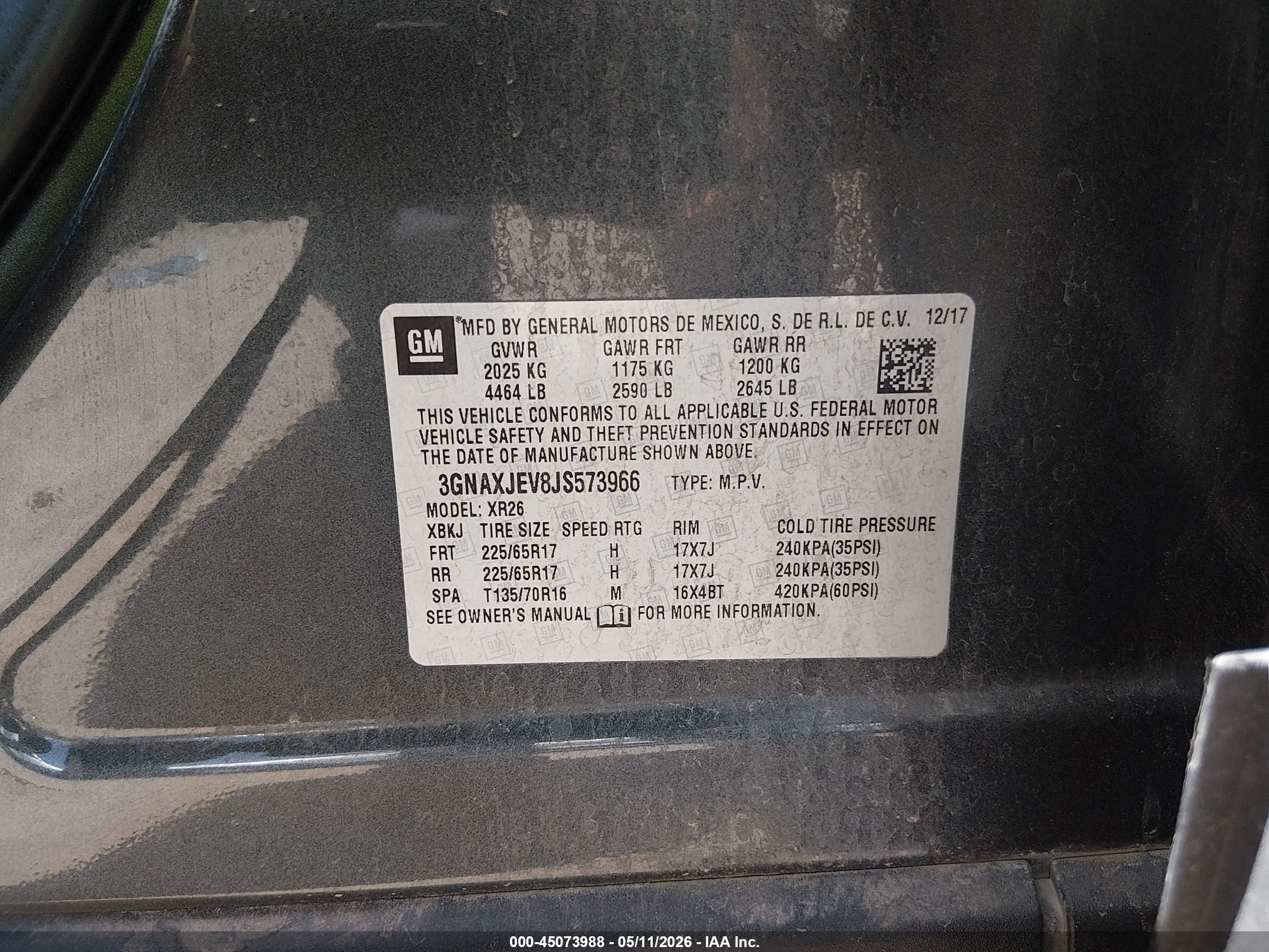 2018 Chevrolet Equinox VIN 3GNAXJEV8JS573966 IAAI salvage auction — Unknown, Salvage (Arizona), sold $2,900 on 2026-07-09 (photo 9)