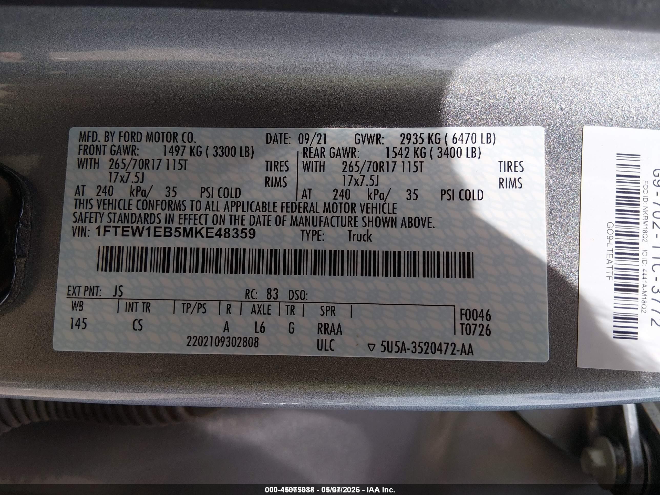 2021 Ford F-150 VIN 1FTEW1EB5MKE48359 IAAI salvage auction — Normal Wear, SF97 (Oklahoma), sold $19,775 on 2026-07-09 (photo 9)