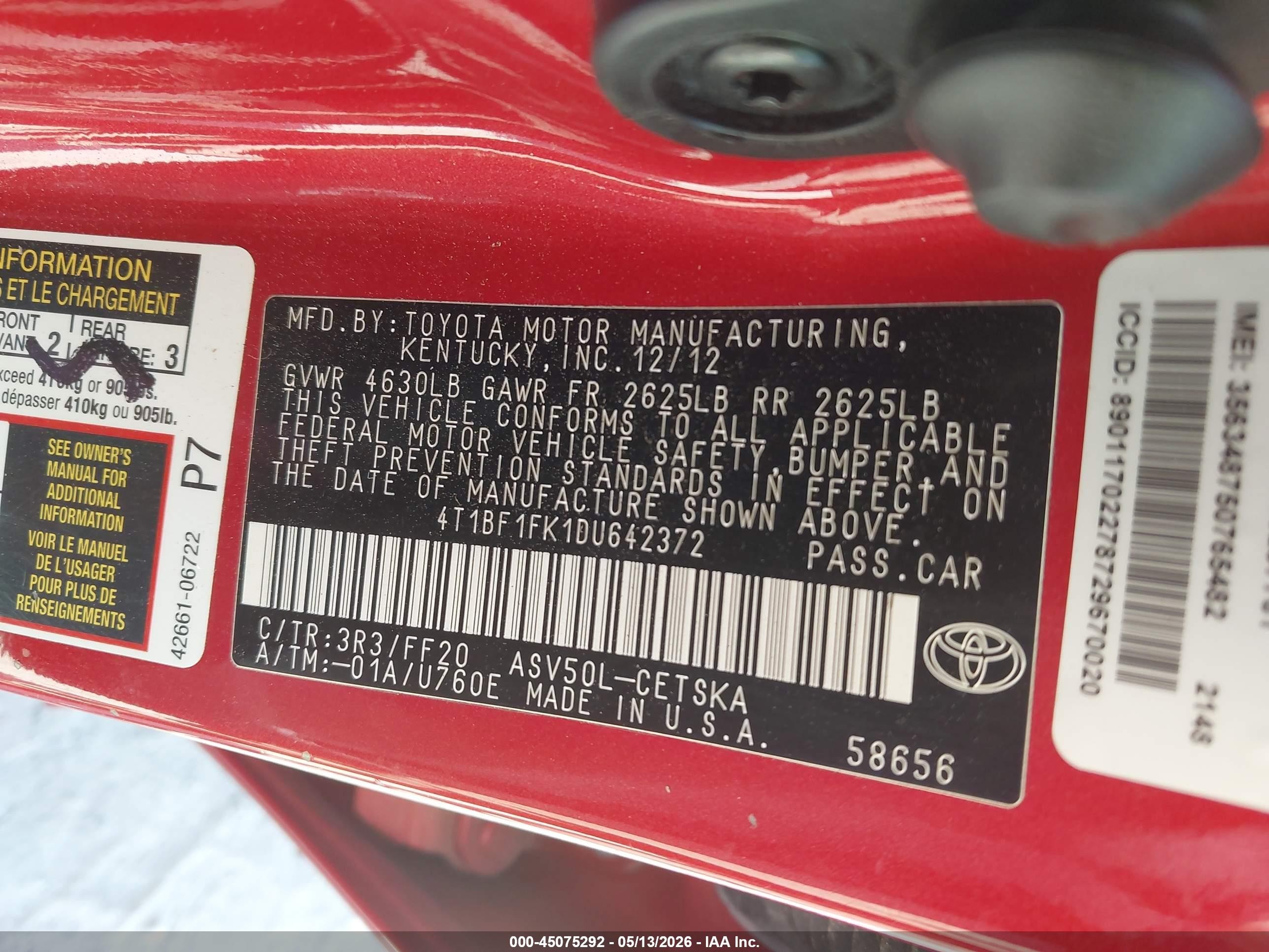 2013 Toyota Camry VIN 4T1BF1FK1DU642372 IAAI salvage auction — Side, Salvage (Georgia), sold $2,400 on 2026-06-23 (photo 9)