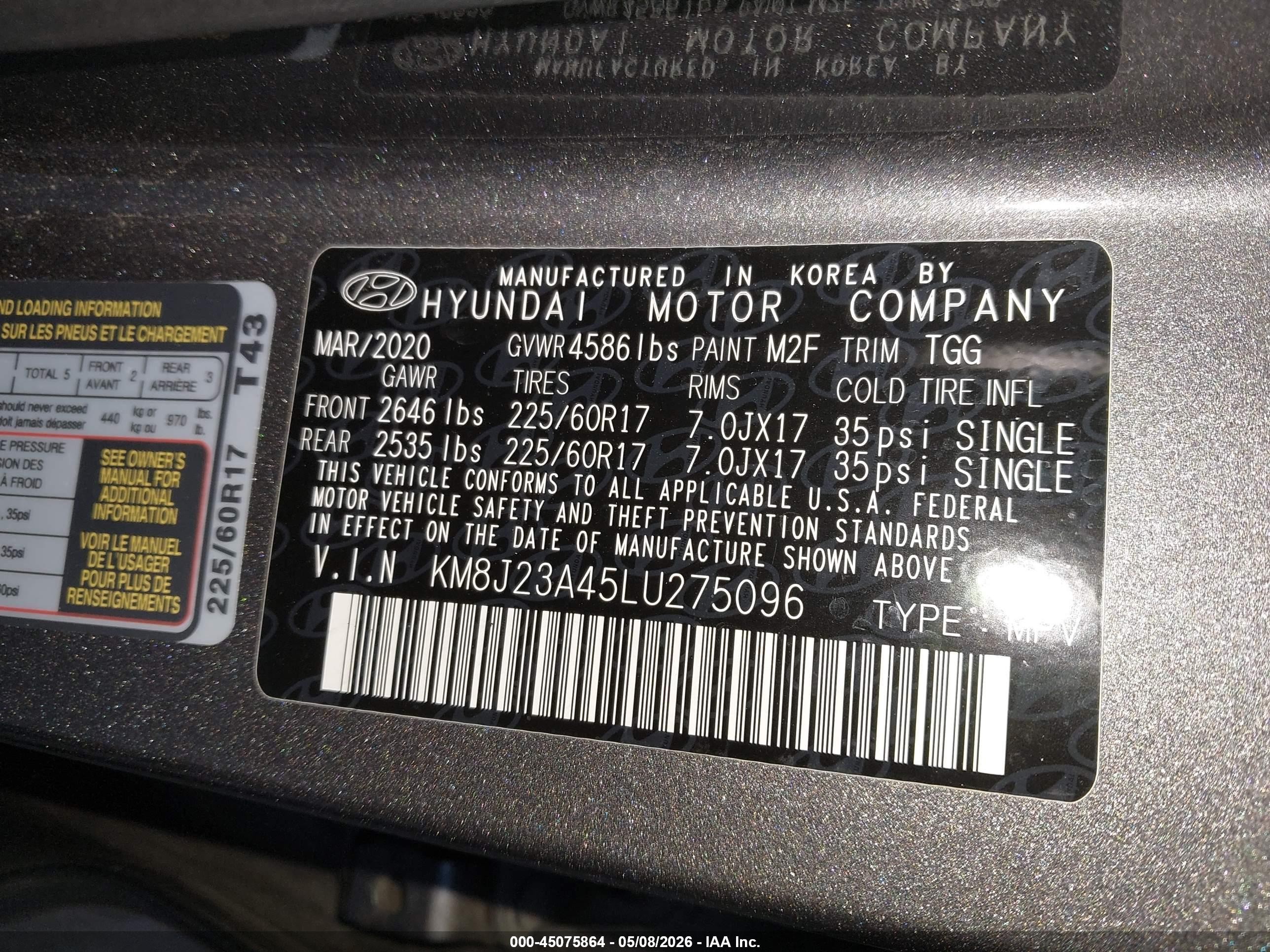 2020 Hyundai Tucson VIN KM8J23A45LU275096 IAAI salvage auction — Side, Salvage (California), sold $3,700 on 2026-07-02 (photo 9)