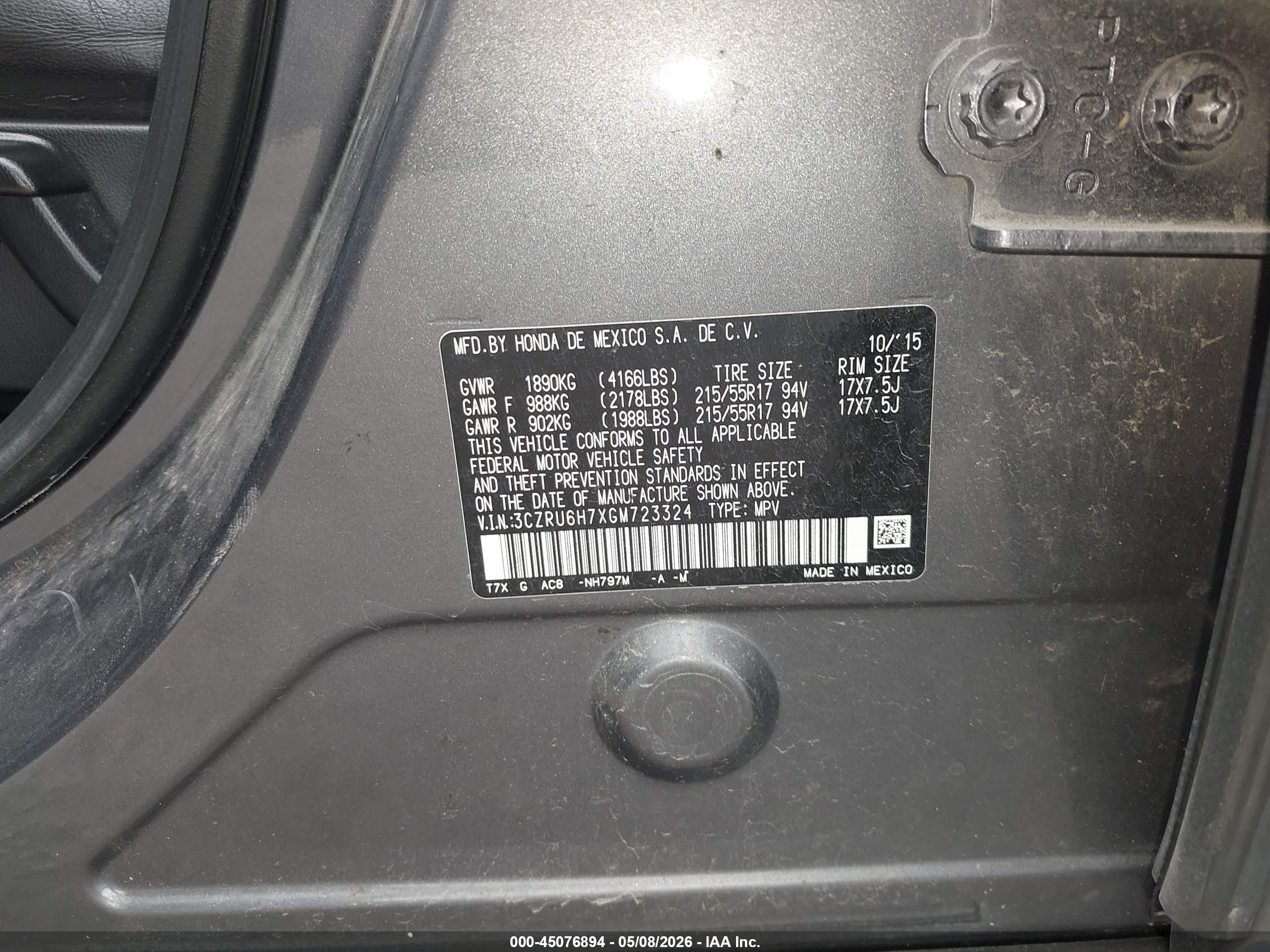 2016 Honda HR-V VIN 3CZRU6H7XGM723324 IAAI salvage auction — Front End, Salvage (Illinois), sold $2,300 on 2026-07-12 (photo 9)