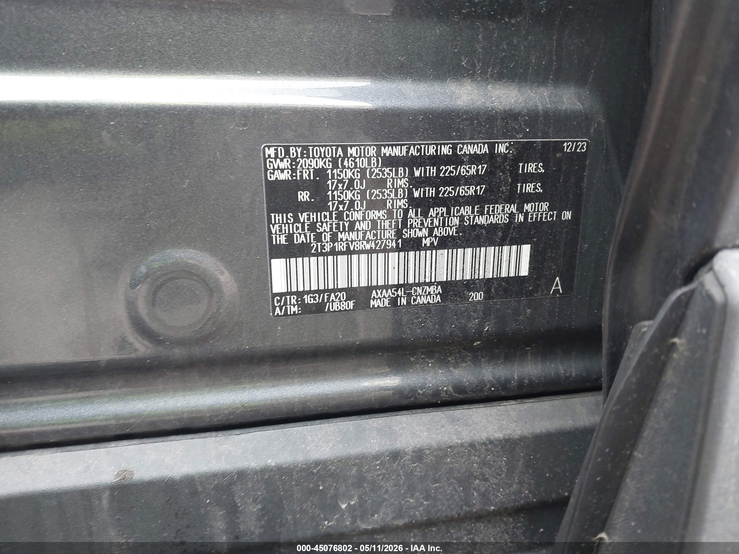 2024 Toyota RAV4 VIN 2T3P1RFV8RW427941 IAAI salvage auction — All Over, Salvage (Massachusetts), sold $9,600 on 2026-07-07 (photo 9)