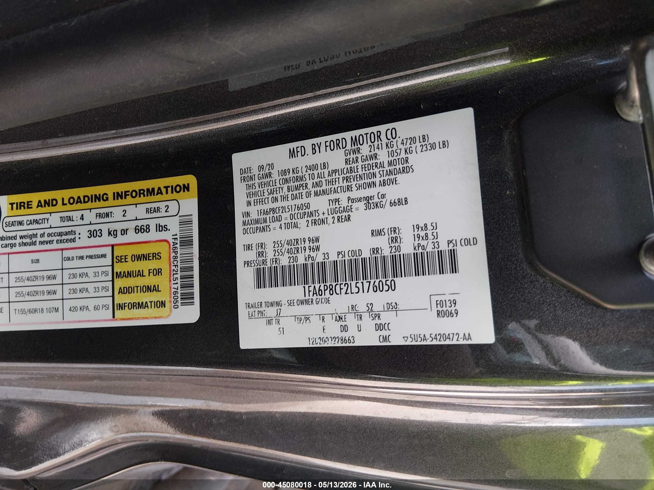 2020 Ford Mustang VIN 1FA6P8CF2L5176050 IAAI salvage auction — Front & Rear, Salvage (Arizona), sold $6,625 on 2026-07-02 (photo 9)