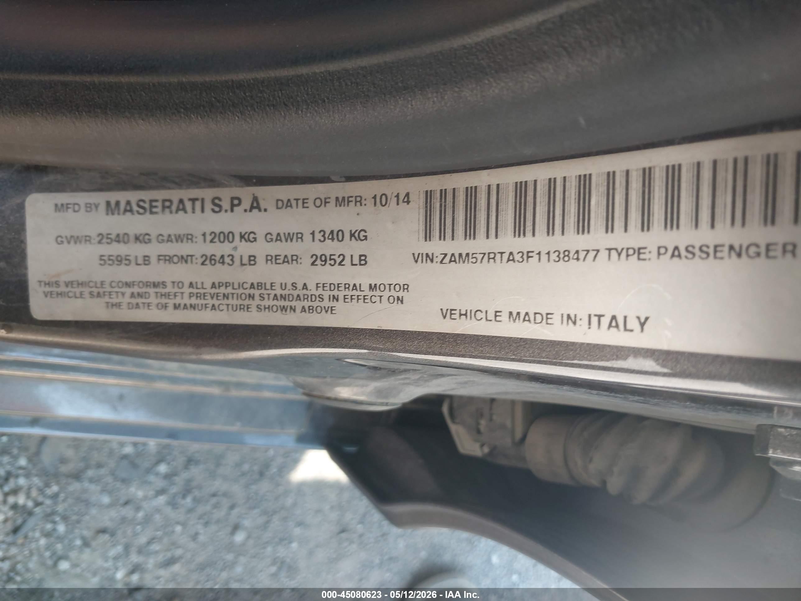 2015 Maserati Ghibli VIN ZAM57RTA3F1138477 IAAI salvage auction — Front End, Salvage (Indiana), sold $1,900 on 2026-09-09 (photo 9)