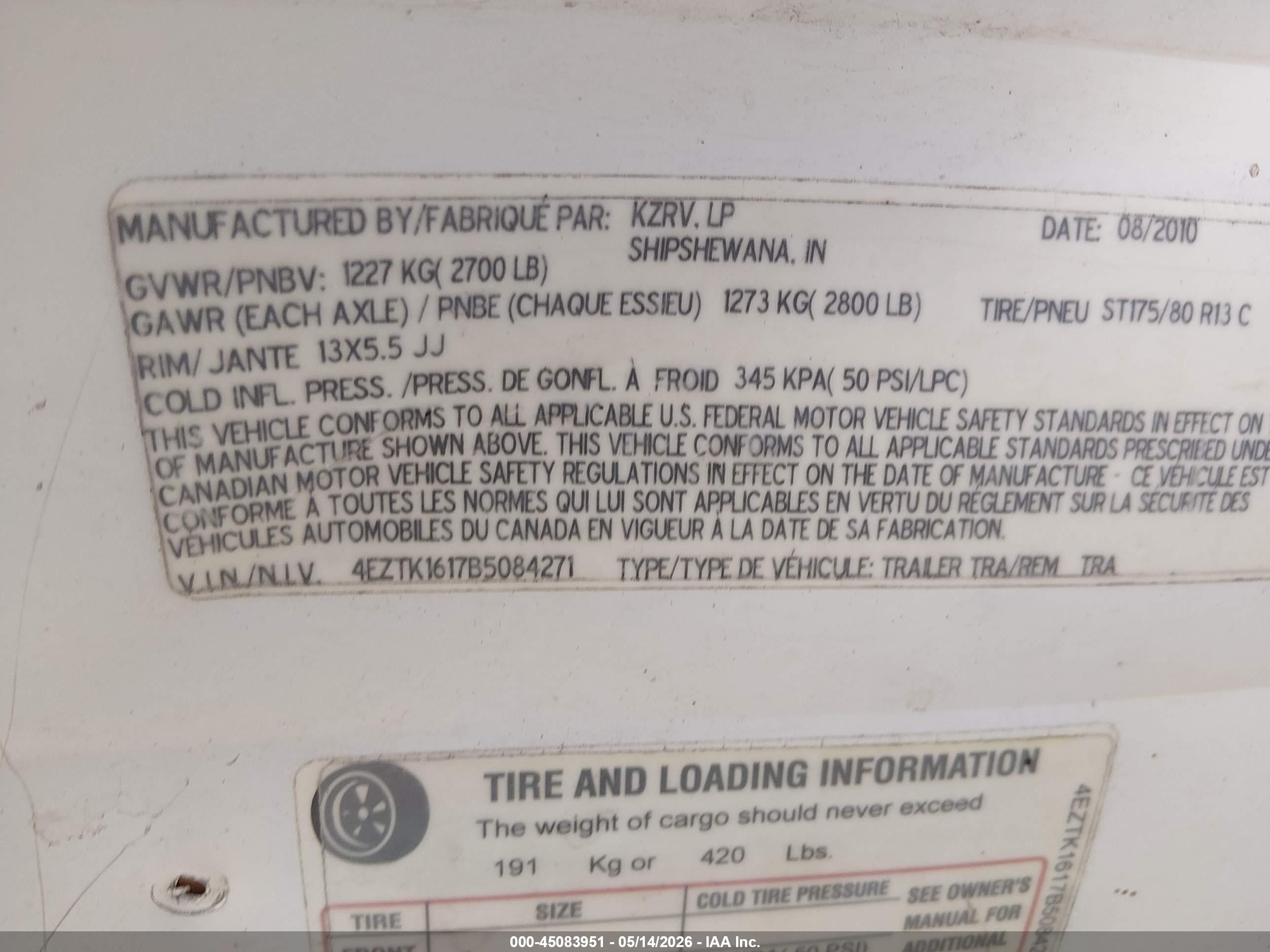 2011 K-z Inc Travel Trailer VIN 4EZTK1617B5084271 IAAI salvage auction — Unknown, Certificate Of Title (Nebraska), sold $350 on 2026-09-21 (photo 9)