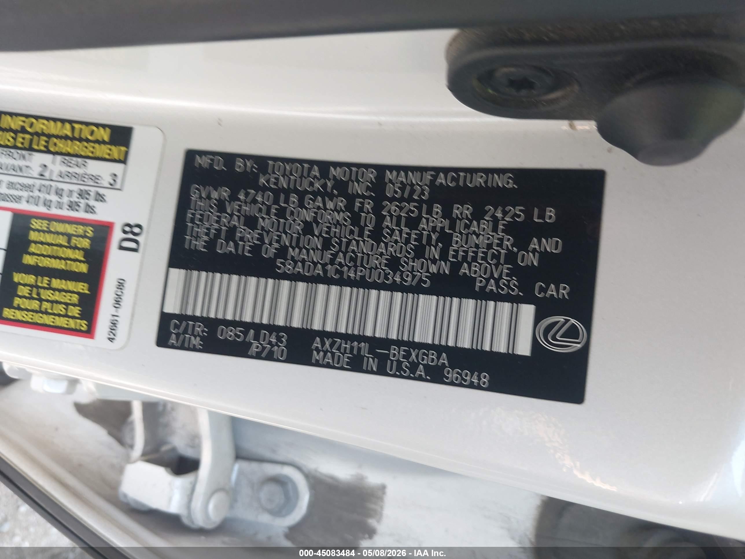 2023 Lexus ES VIN 58ADA1C14PU034975 IAAI salvage auction — Front End, Salvage (California), sold $9,000 on 2026-09-14 (photo 9)