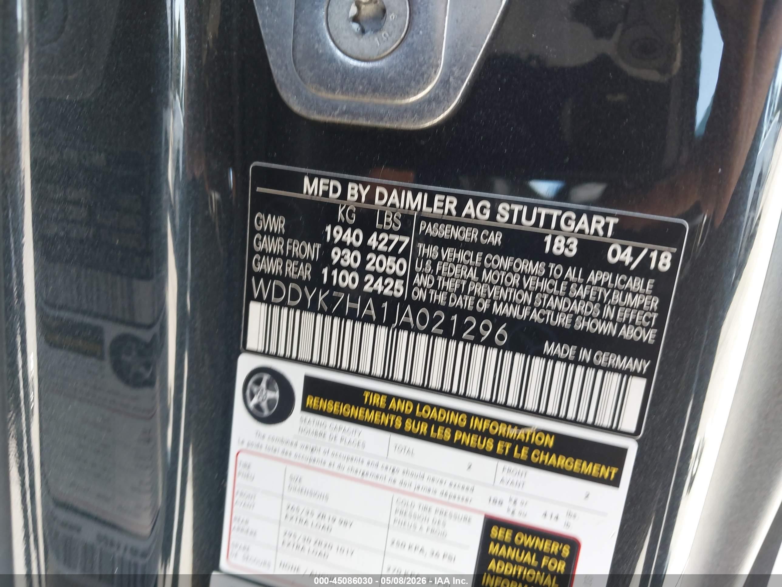 2018 Mercedes-benz AMG GT VIN WDDYK7HA1JA021296 IAAI salvage auction — Front End, Salvage (California), sold $32,500 on 2026-06-29 (photo 9)