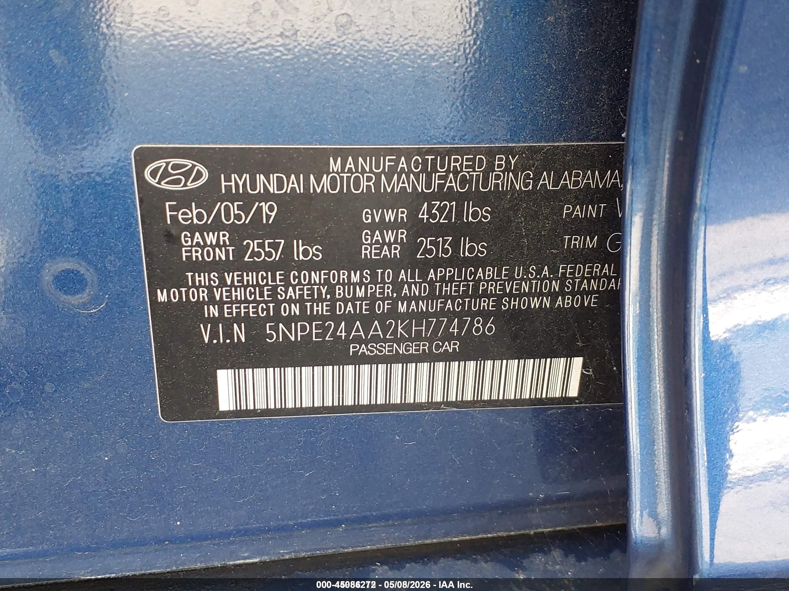 2019 Hyundai Sonata VIN 5NPE24AA2KH774786 IAAI salvage auction — Normal Wear, SF97 (Louisiana), sold $10,225 on 2026-07-09 (photo 9)