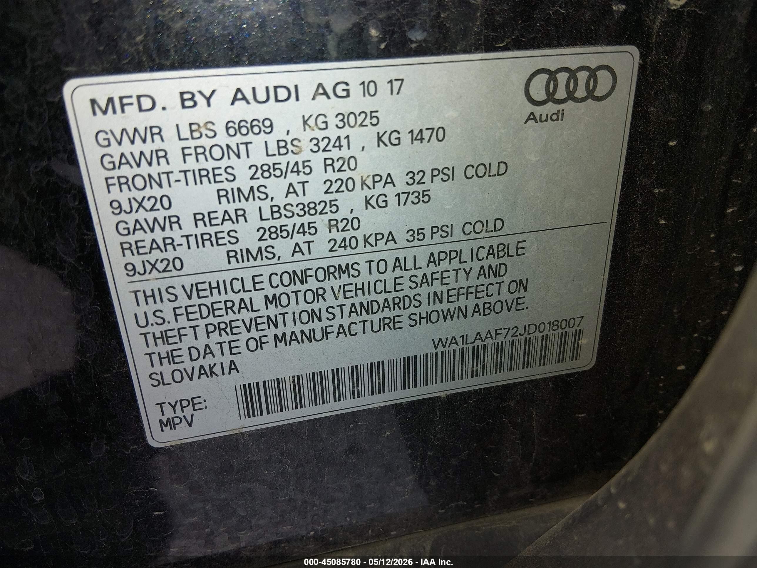 2018 Audi Q7 VIN WA1LAAF72JD018007 IAAI salvage auction — Unknown, Salvage (Utah), sold $3,750 on 2026-07-09 (photo 9)