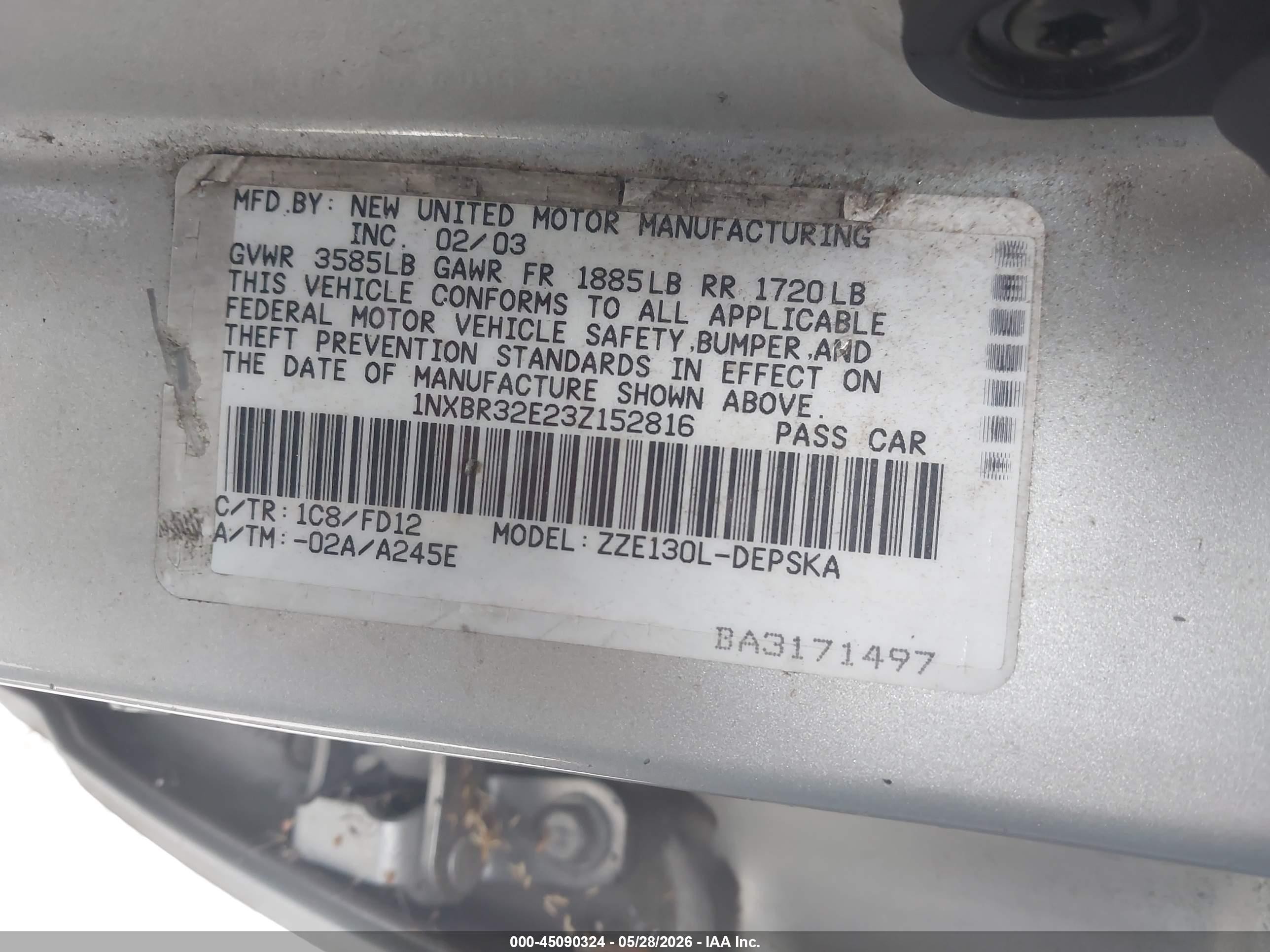 2003 Toyota Corolla VIN 1NXBR32E23Z152816 IAAI salvage auction — Front End, Salvage (California), sold $875 on 2026-07-09 (photo 9)