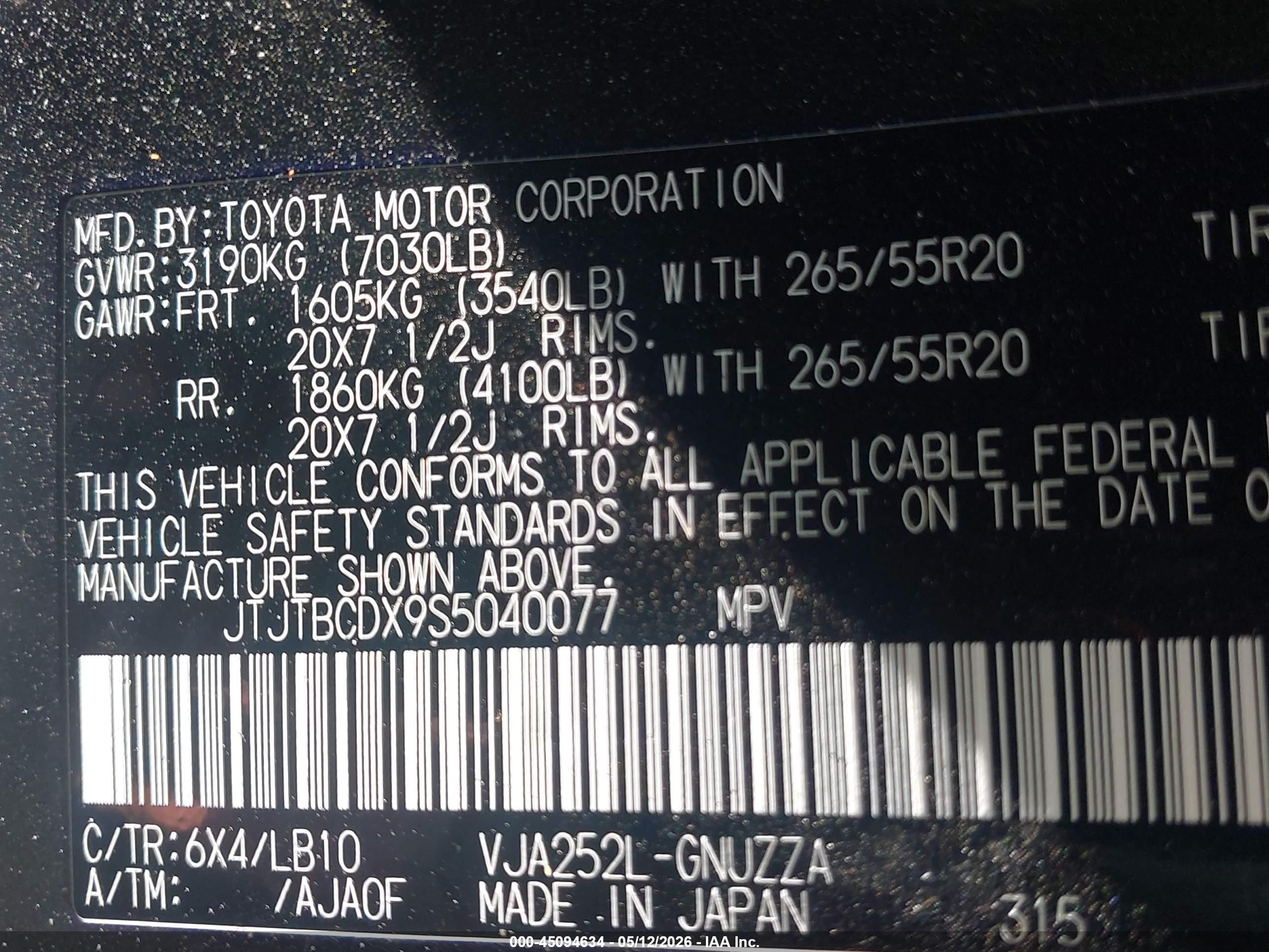 2025 Lexus Gx VIN JTJTBCDX9S5040077 IAAI salvage auction — Unknown, Salvage (District Of Columbia), sold $65,500 on 2026-09-11 (photo 9)