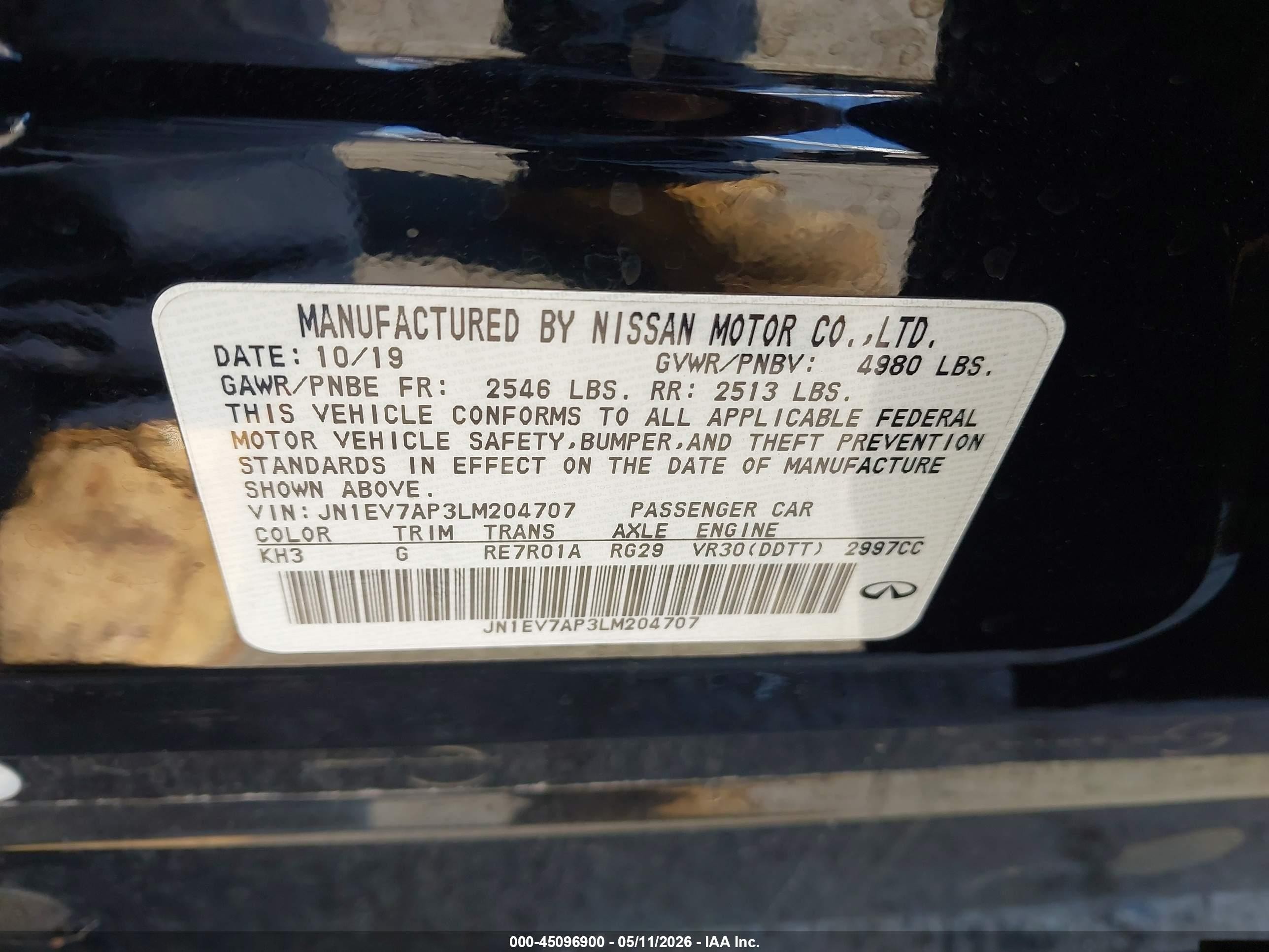 2020 Infiniti Q50 VIN JN1EV7AP3LM204707 IAAI salvage auction — Theft, Salvage (California), sold $550 on 2026-07-09 (photo 9)