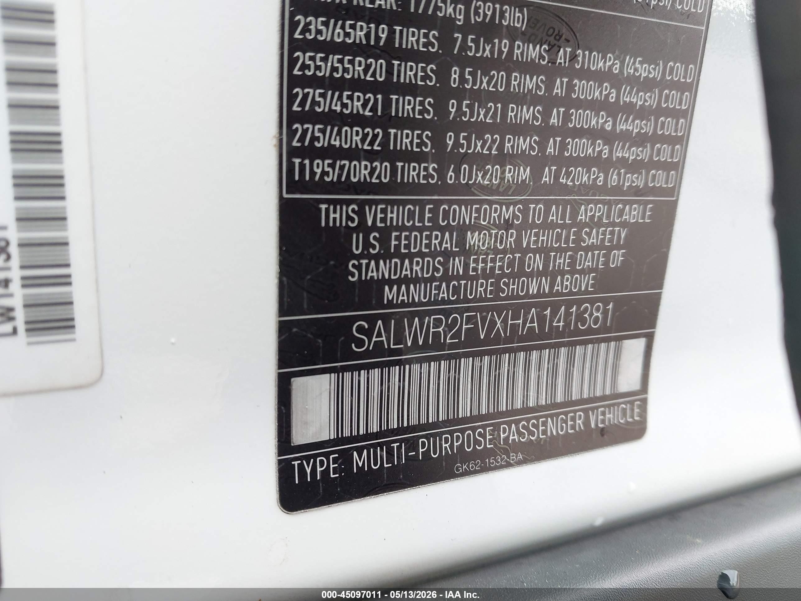 2017 Land Rover Range Rover Sport VIN SALWR2FVXHA141381 IAAI salvage auction — Hail, Salvage (Ohio), sold $8,975 on 2026-07-05 (photo 9)