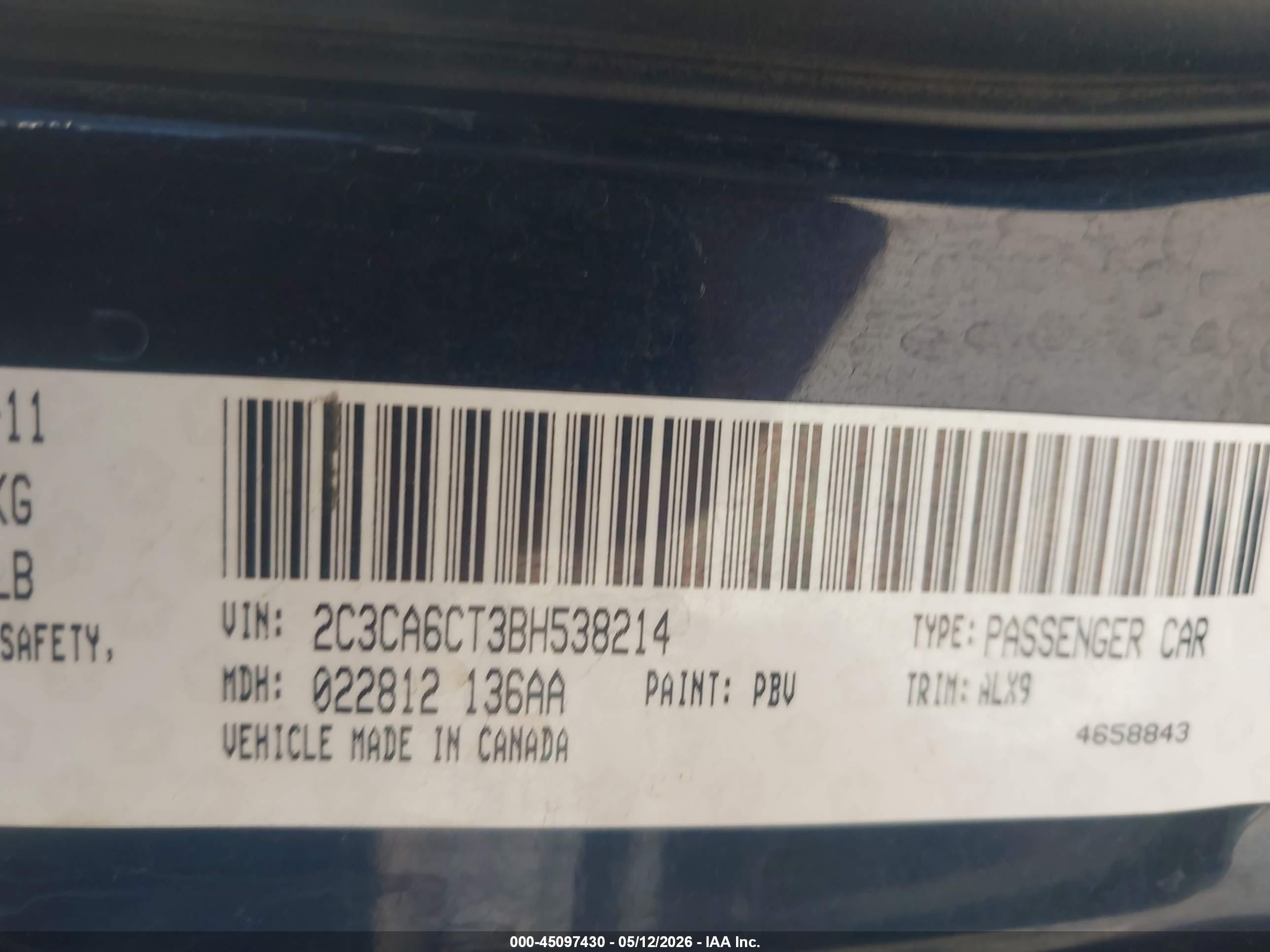 2011 Chrysler 300 VIN 2C3CA6CT3BH538214 IAAI salvage auction — Normal Wear, Salvage (Texas), sold $350 on 2026-07-09 (photo 9)