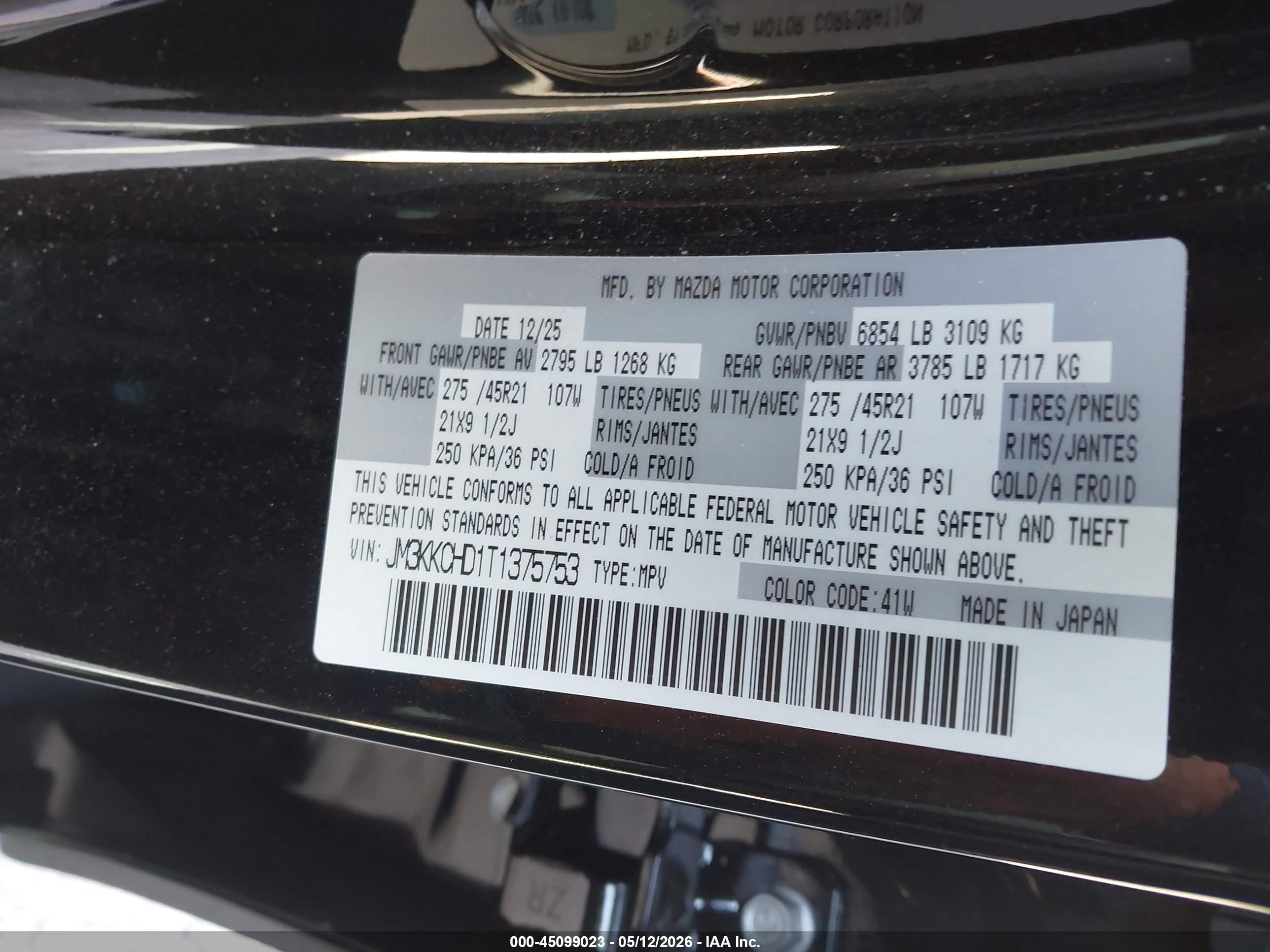 2026 Mazda CX-90 VIN JM3KKCHD1T1375753 IAAI salvage auction — Front End, Salvage (California), sold $12,275 on 2026-07-09 (photo 9)