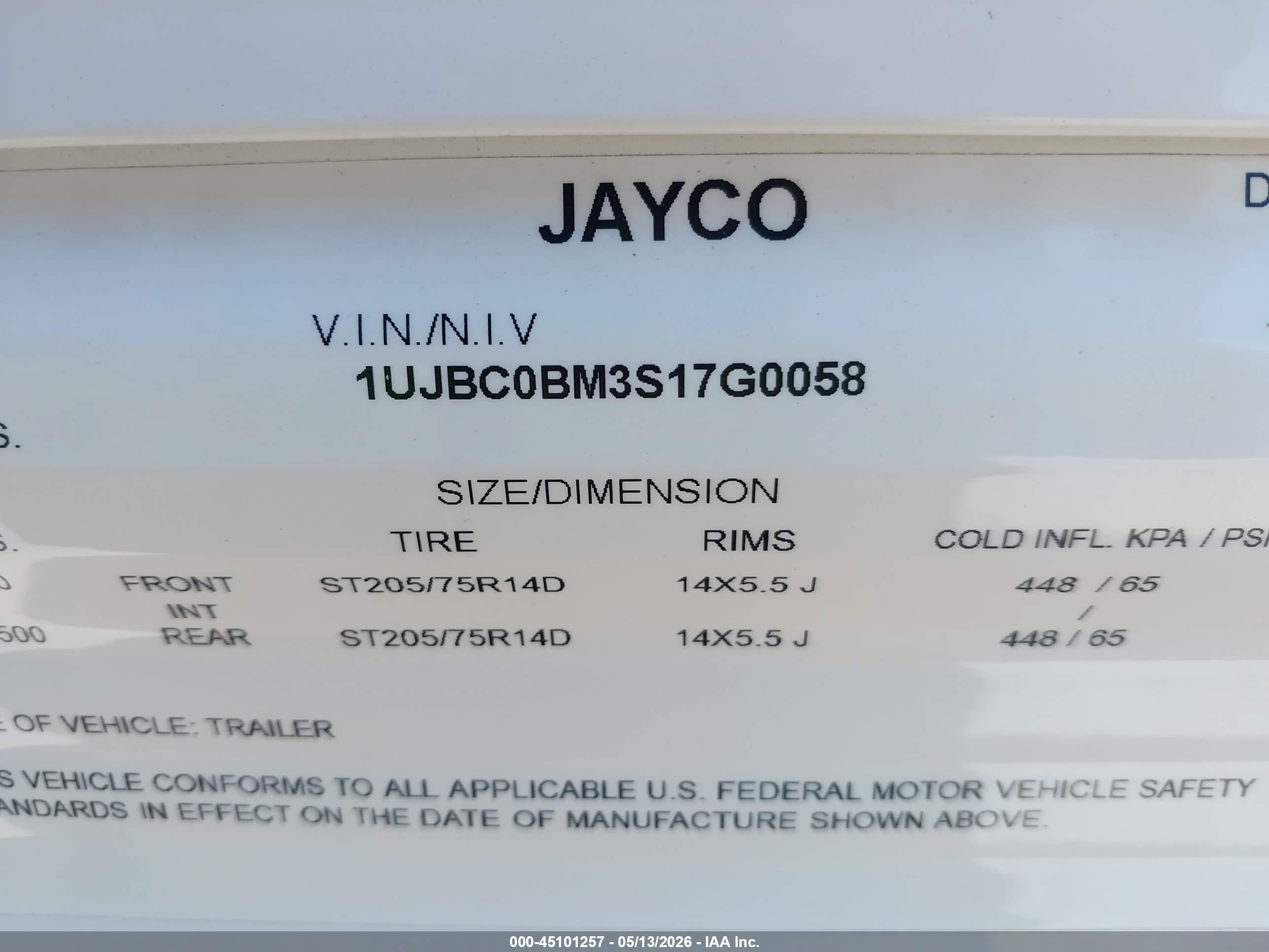 2025 Jayco Jay Flight VIN 1UJBC0BM3S17G0058 IAAI salvage auction — Side, Salvage (Nevada), sold $6,500 on 2026-06-24 (photo 9)