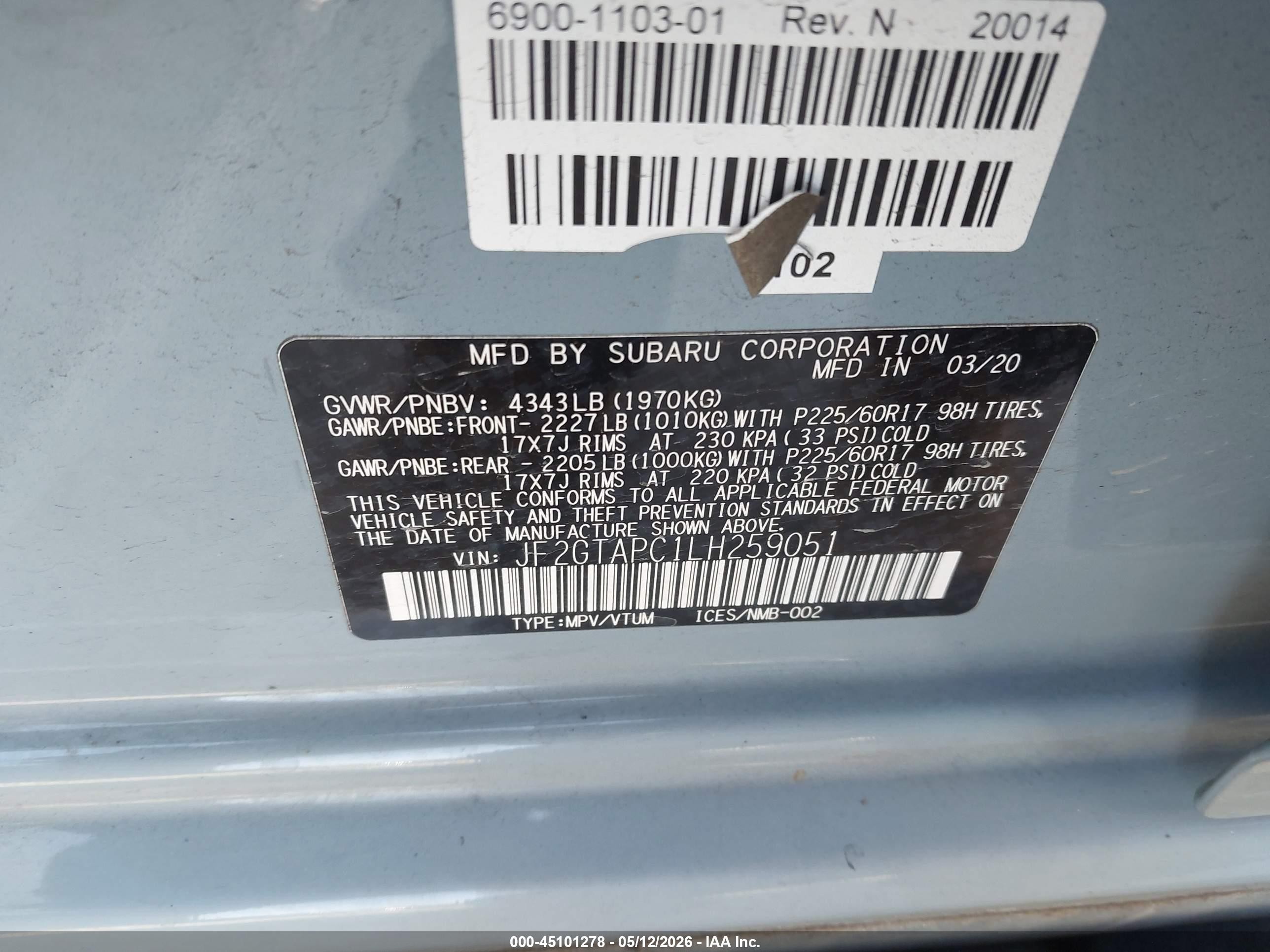 2020 Subaru Crosstrek VIN JF2GTAPC1LH259051 IAAI salvage auction — Front & Rear, Salvage (California), sold $2,600 on 2026-07-09 (photo 9)