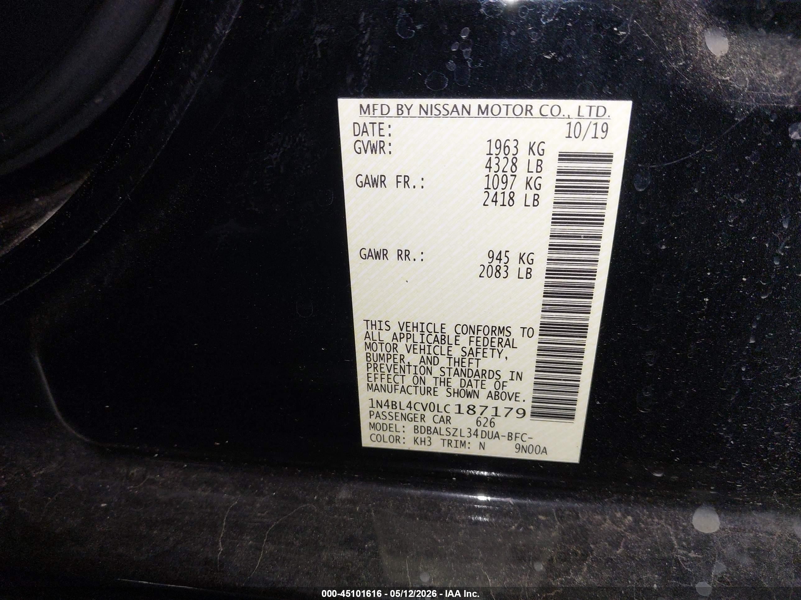 2020 Nissan Altima VIN 1N4BL4CV0LC187179 IAAI salvage auction — Front End, Salvage (Oregon), sold $1,600 on 2026-07-09 (photo 9)