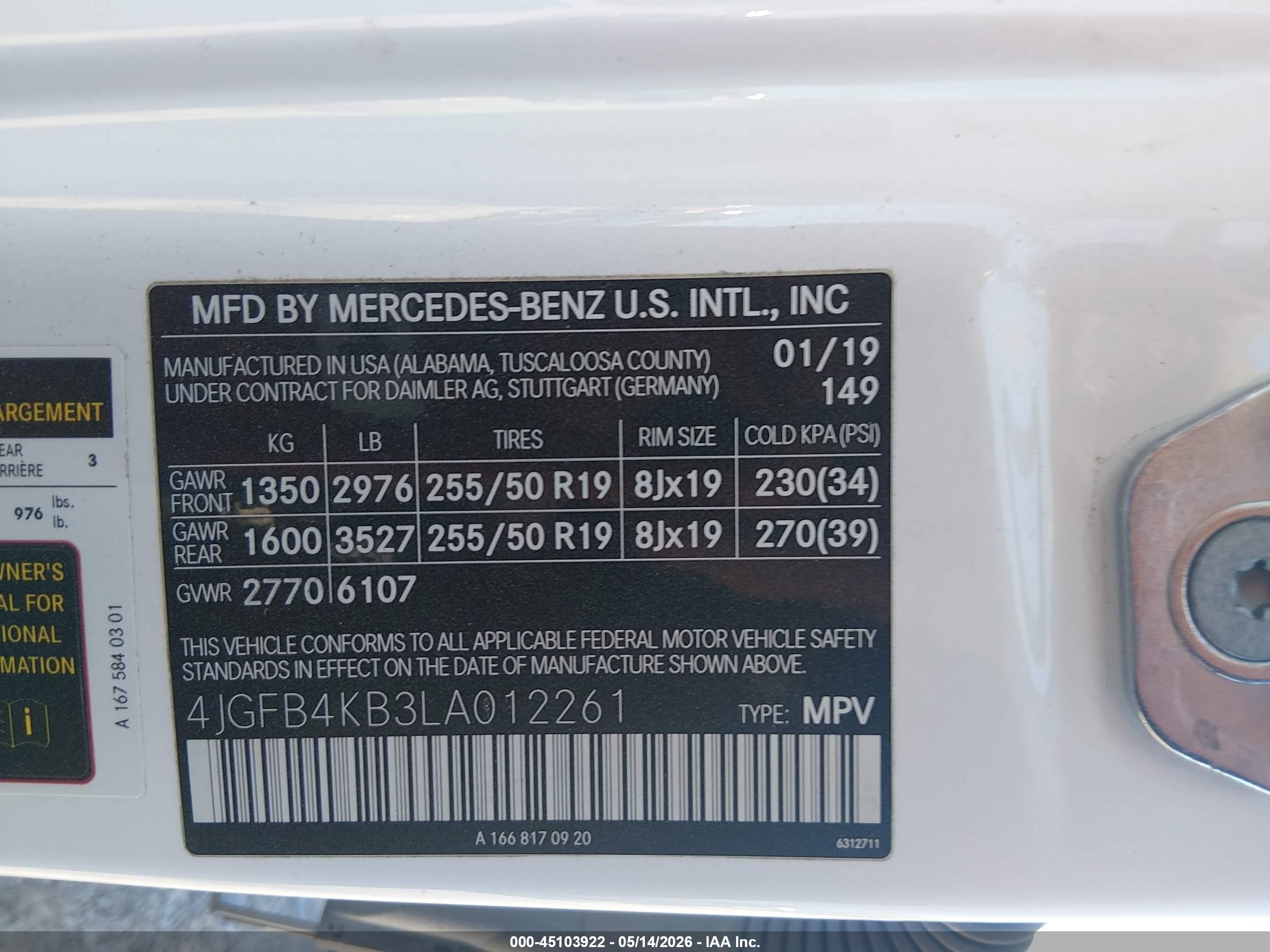 2020 Mercedes-Benz GLE-Class VIN 4JGFB4KB3LA012261 IAAI salvage auction — Side, Clear (Tennessee), sold $16,950 on 2026-07-02 (photo 9)
