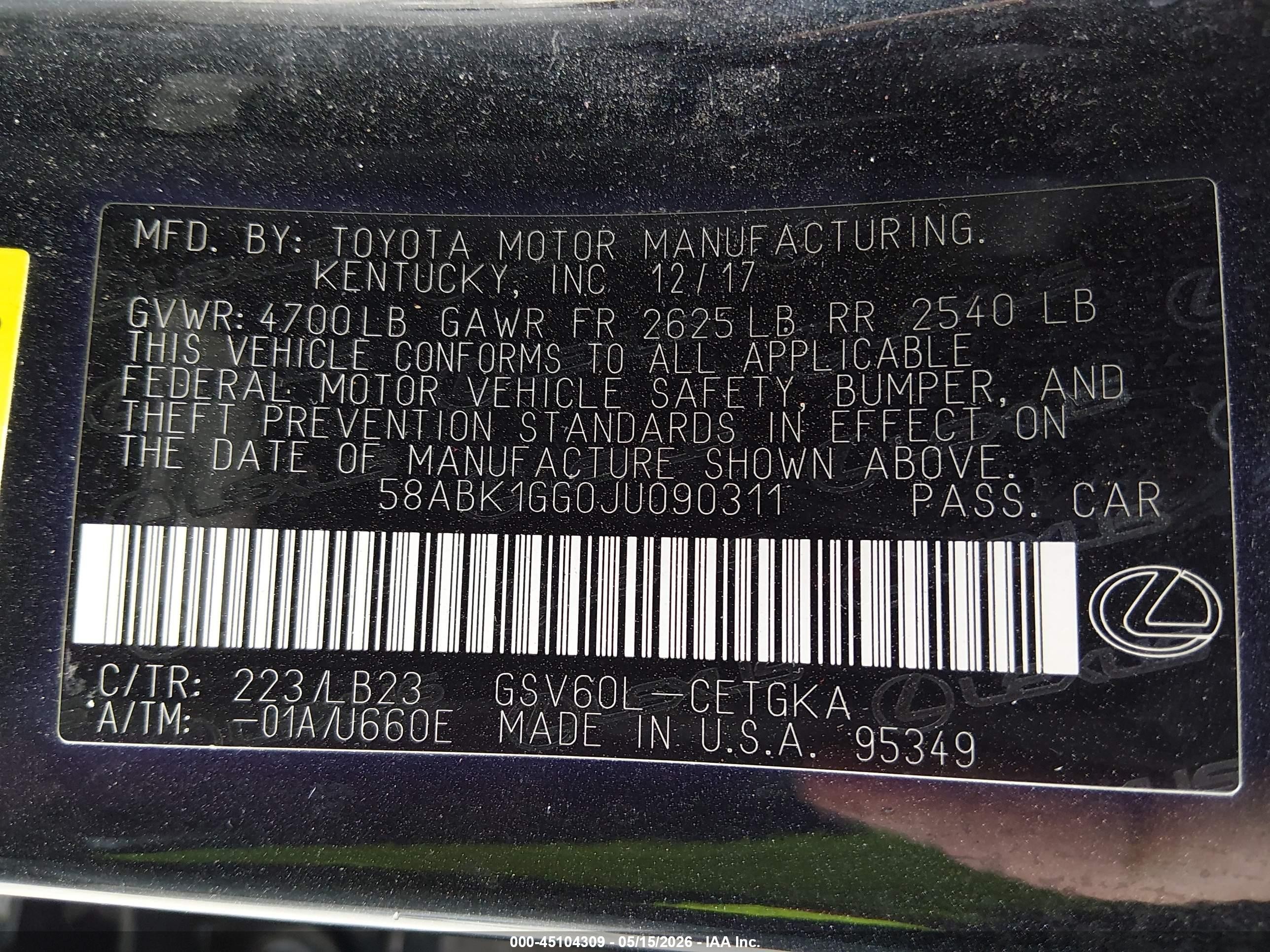 2018 Lexus ES VIN 58ABK1GG0JU090311 IAAI salvage auction — Hail, Salvage (Kansas), sold $8,425 on 2026-08-28 (photo 9)