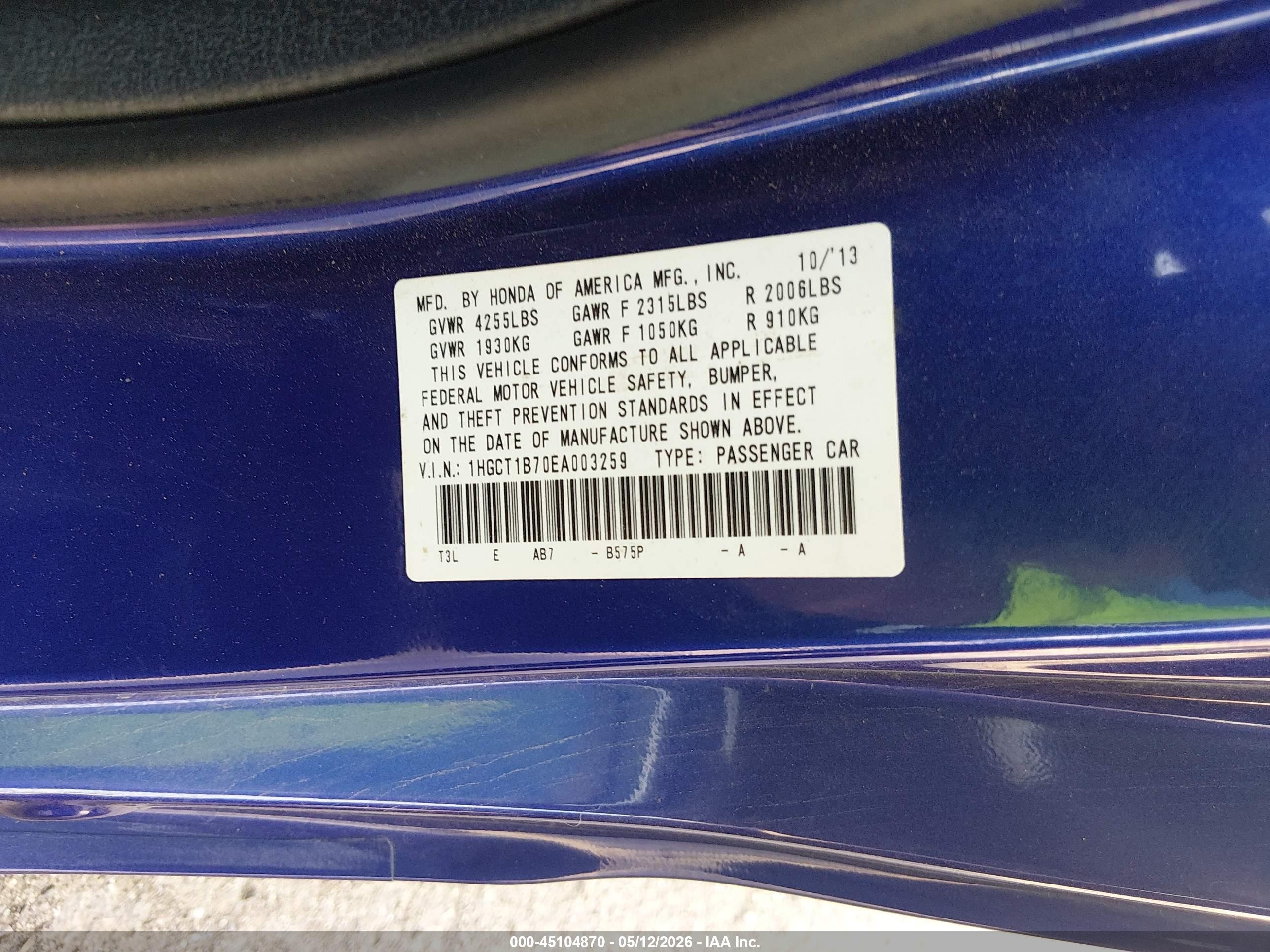2014 Honda Accord VIN 1HGCT1B70EA003259 IAAI salvage auction — Front End, Salvage (Arizona), sold $1,875 on 2026-07-02 (photo 9)