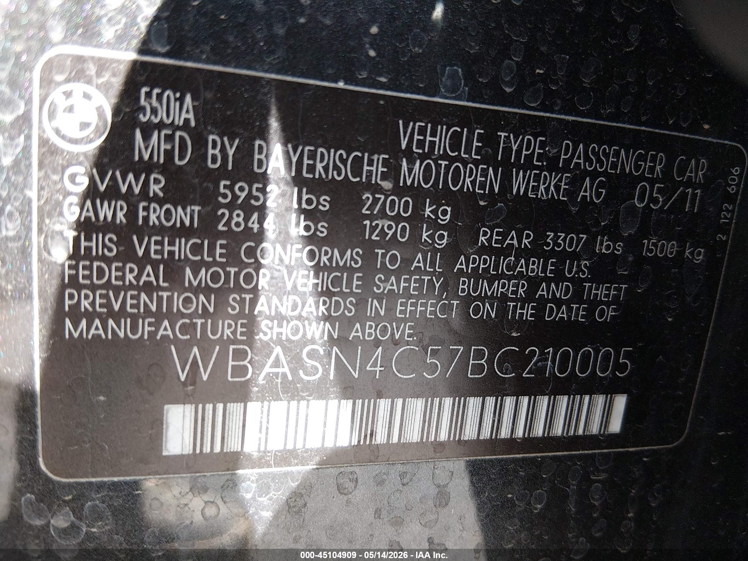 2011 BMW 5 Series VIN WBASN4C57BC210005 IAAI salvage auction — Normal Wear, Clear (Texas), sold $1,850 on 2026-06-12 (photo 9)