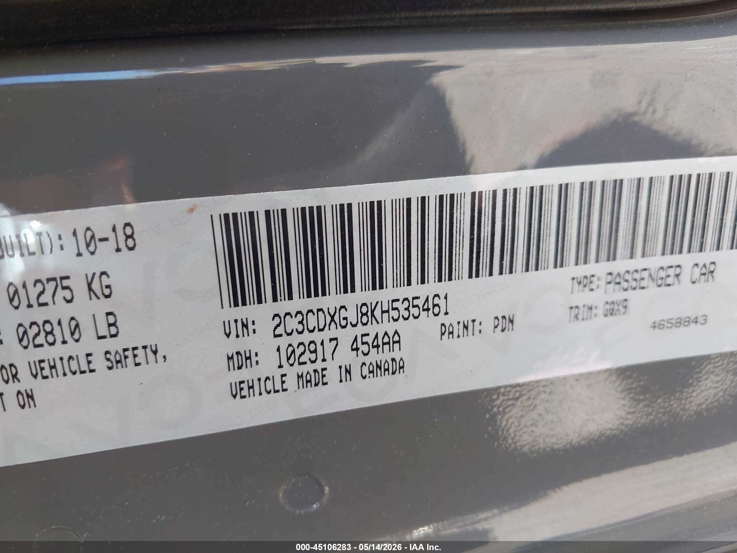 2019 Dodge Charger VIN 2C3CDXGJ8KH535461 IAAI salvage auction — Front End, Salvage (Georgia), sold $7,900 on 2026-09-01 (photo 9)
