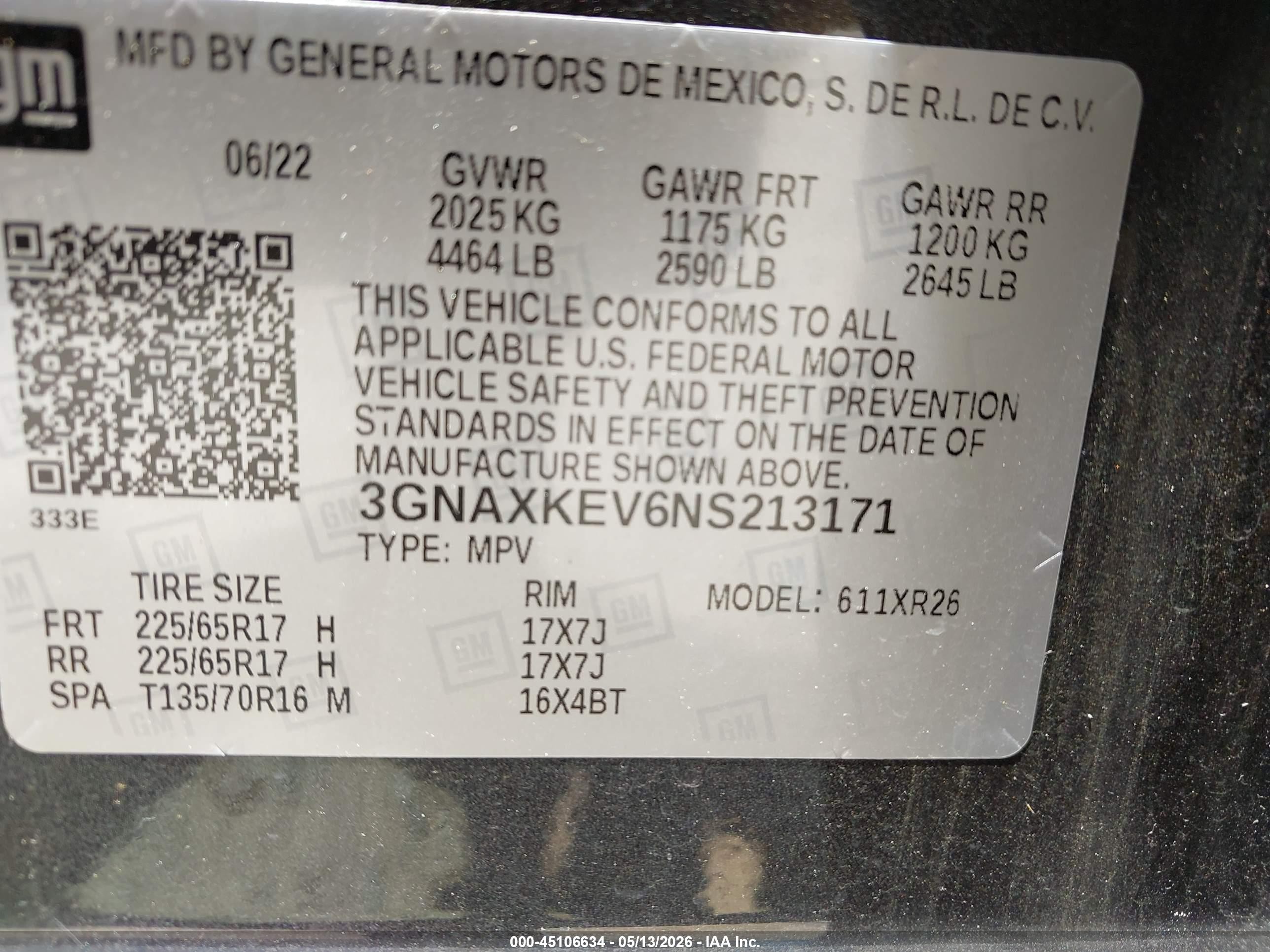 2022 Chevrolet Equinox VIN 3GNAXKEV6NS213171 IAAI salvage auction — Front End, Salvage (North Carolina), sold $4,550 on 2026-07-10 (photo 9)