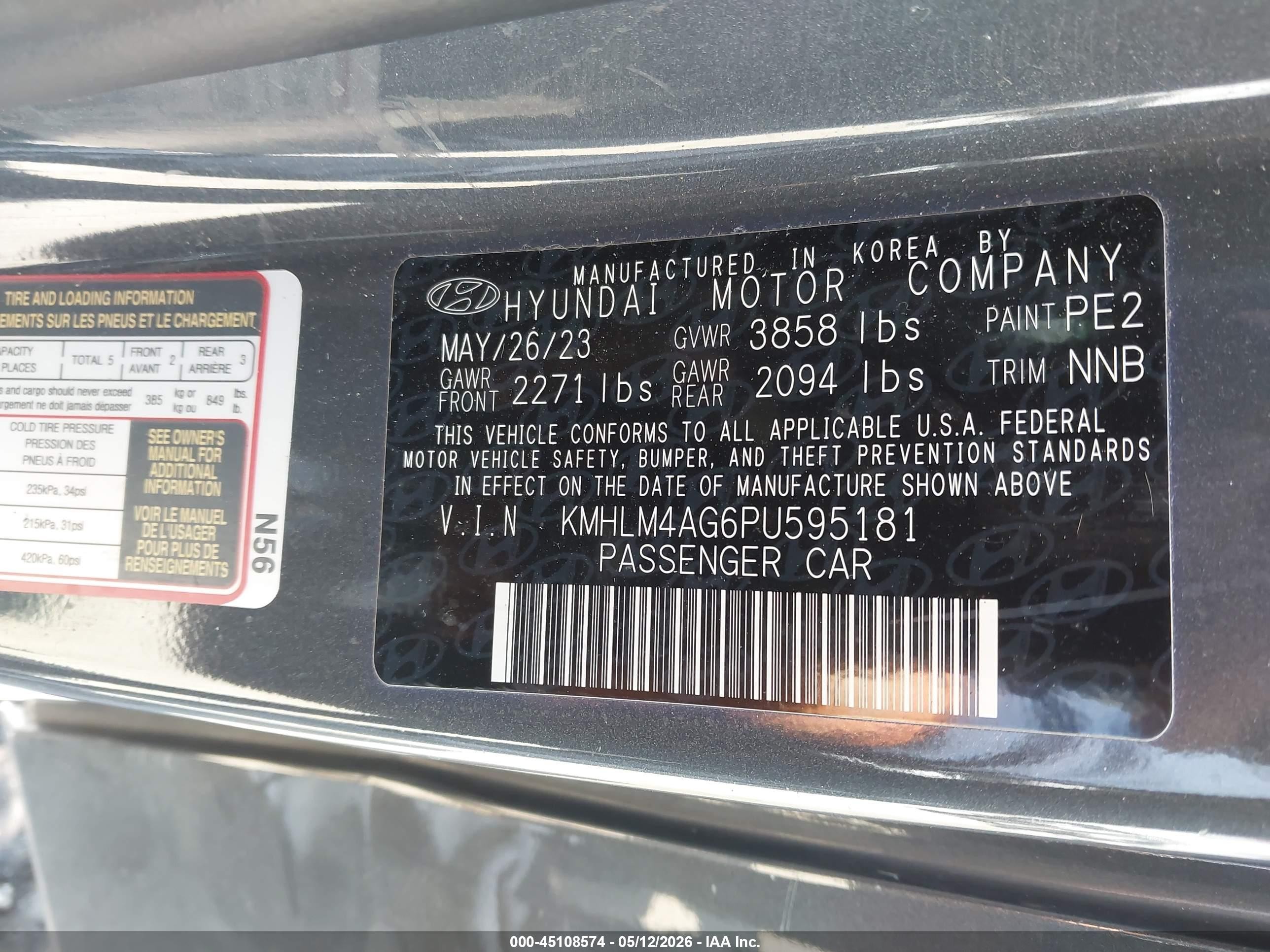 2023 Hyundai Elantra VIN KMHLM4AG6PU595181 IAAI salvage auction — Front End, Salvage (California), sold $1,400 on 2026-07-09 (photo 9)
