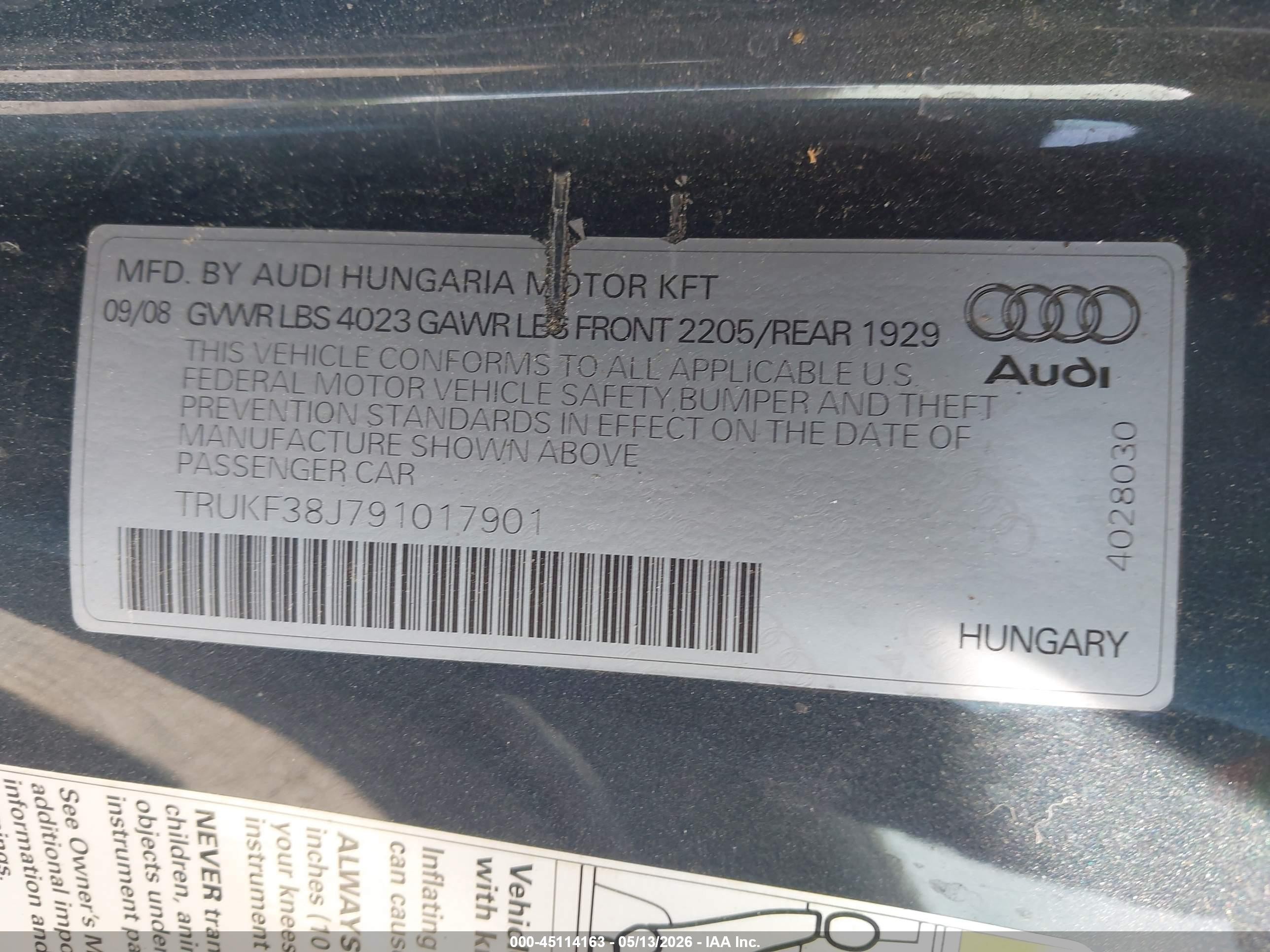 2009 Audi Tt VIN TRUKF38J791017901 IAAI salvage auction — Side, Salvage (New Jersey), sold $825 on 2026-10-04 (photo 9)