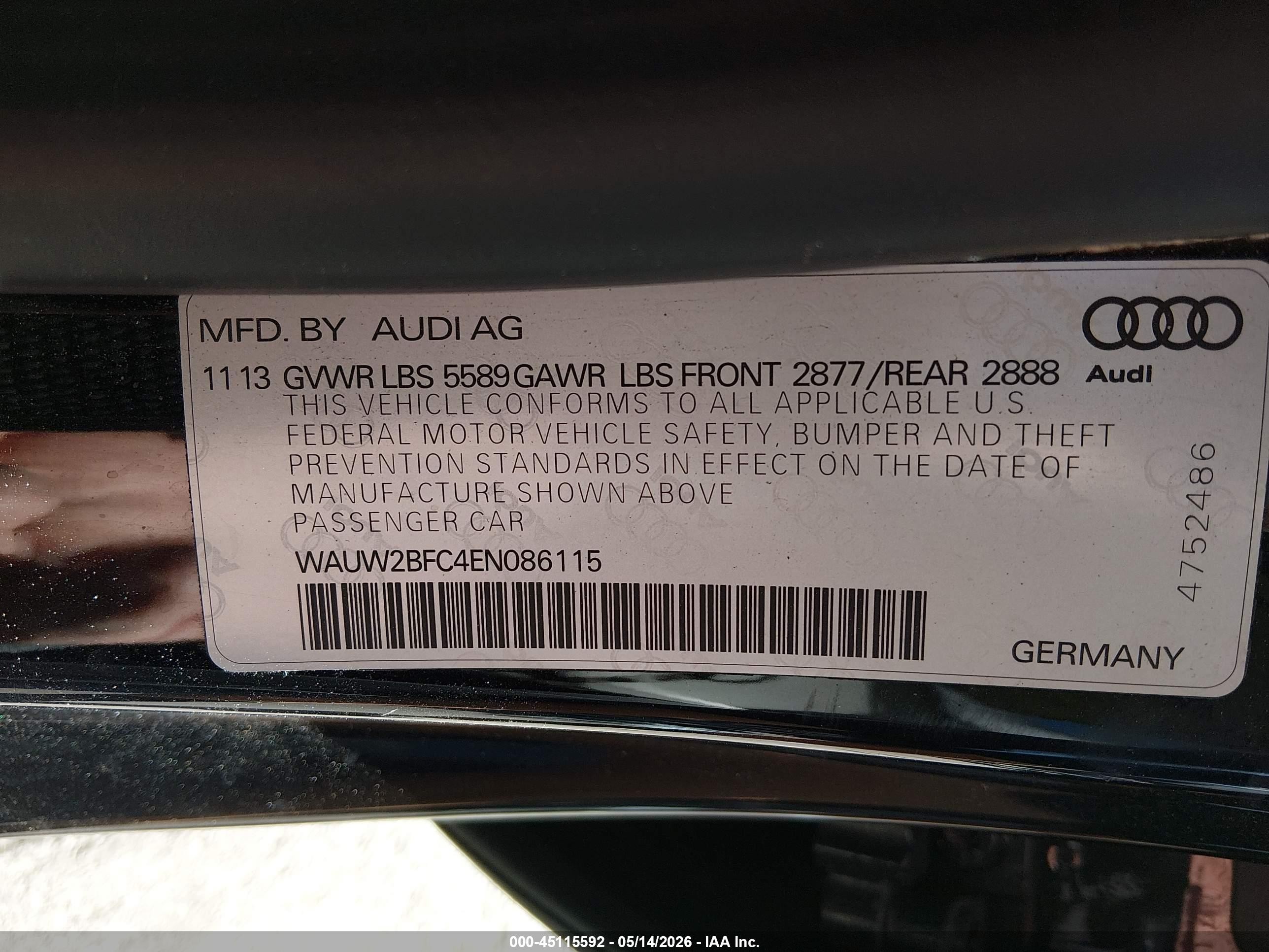 2014 Audi S7 VIN WAUW2BFC4EN086115 IAAI salvage auction — Side, Salvage (Utah), sold $7,400 on 2026-09-16 (photo 9)