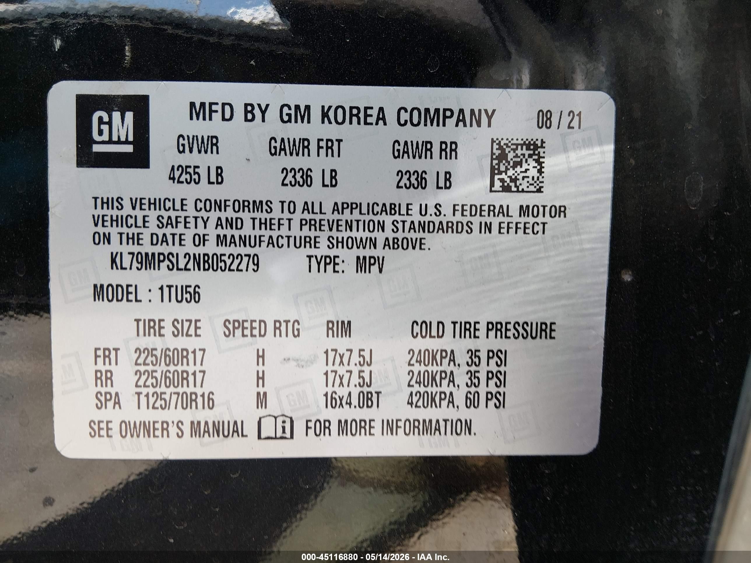 2022 Chevrolet Trailblazer VIN KL79MPSL2NB052279 IAAI salvage auction — Side, Salvage (California), sold $2,500 on 2026-09-13 (photo 9)