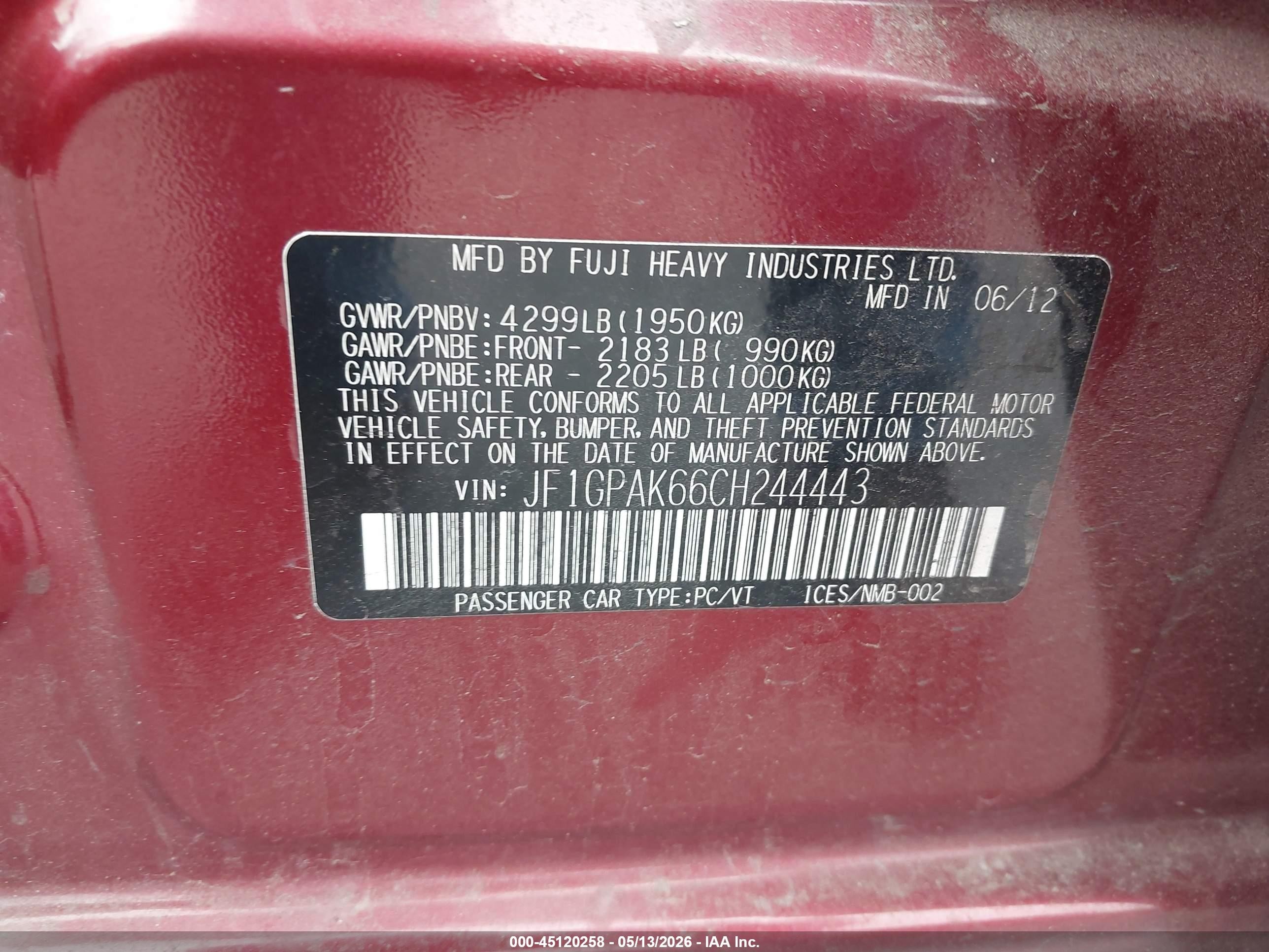 2012 Subaru Impreza VIN JF1GPAK66CH244443 IAAI salvage auction — Front End, Salvage (Oregon), sold $1,850 on 2026-07-09 (photo 9)