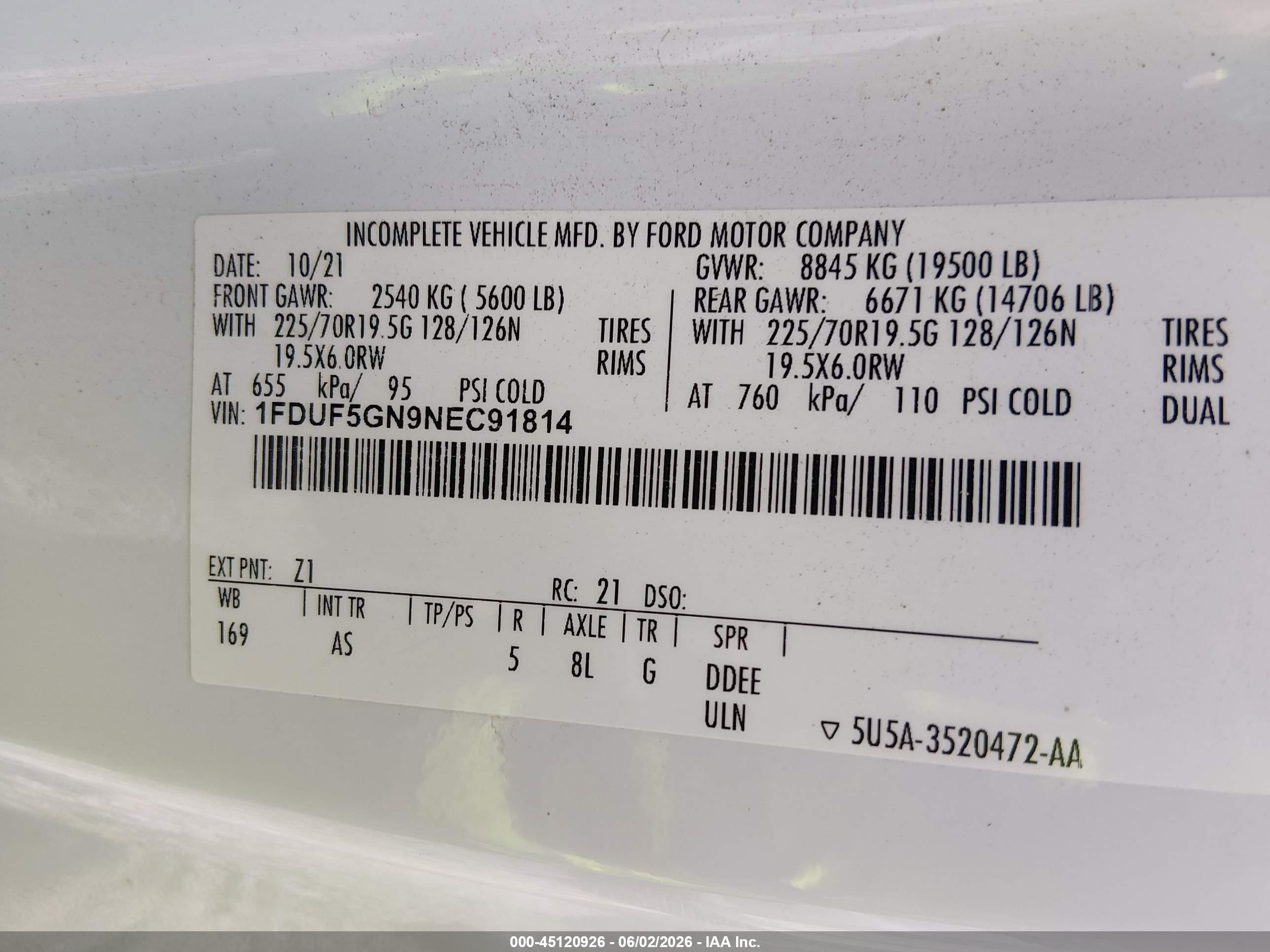 2022 Ford F-550 chassis VIN 1FDUF5GN9NEC91814 IAAI salvage auction — Mechanical, Clear (North Carolina), sold $9,800 on 2026-07-08 (photo 8)