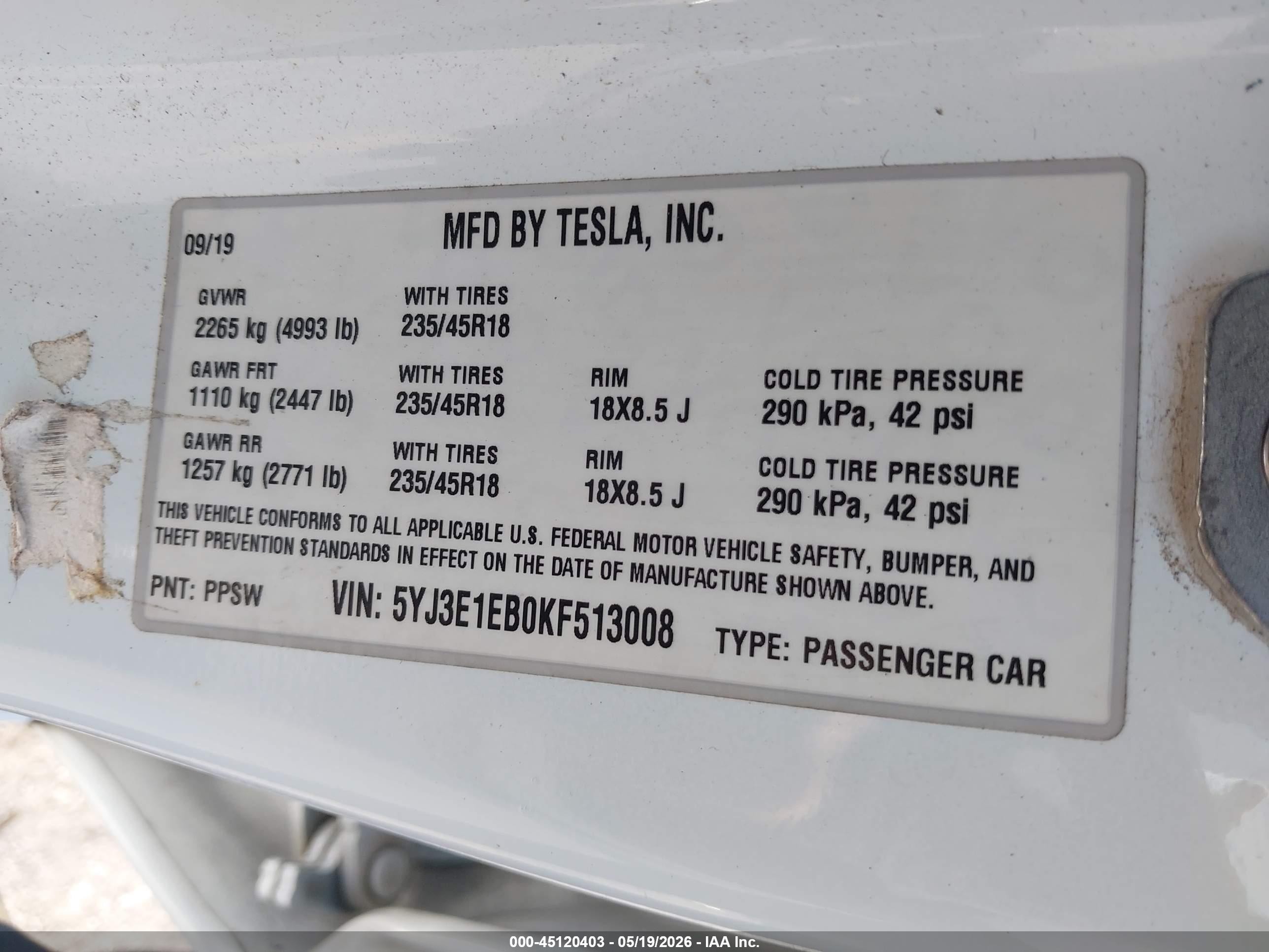 2019 Tesla Model 3 VIN 5YJ3E1EB0KF513008 IAAI salvage auction — Rear End, Salvage (Georgia), sold $6,500 on 2026-07-11 (photo 9)