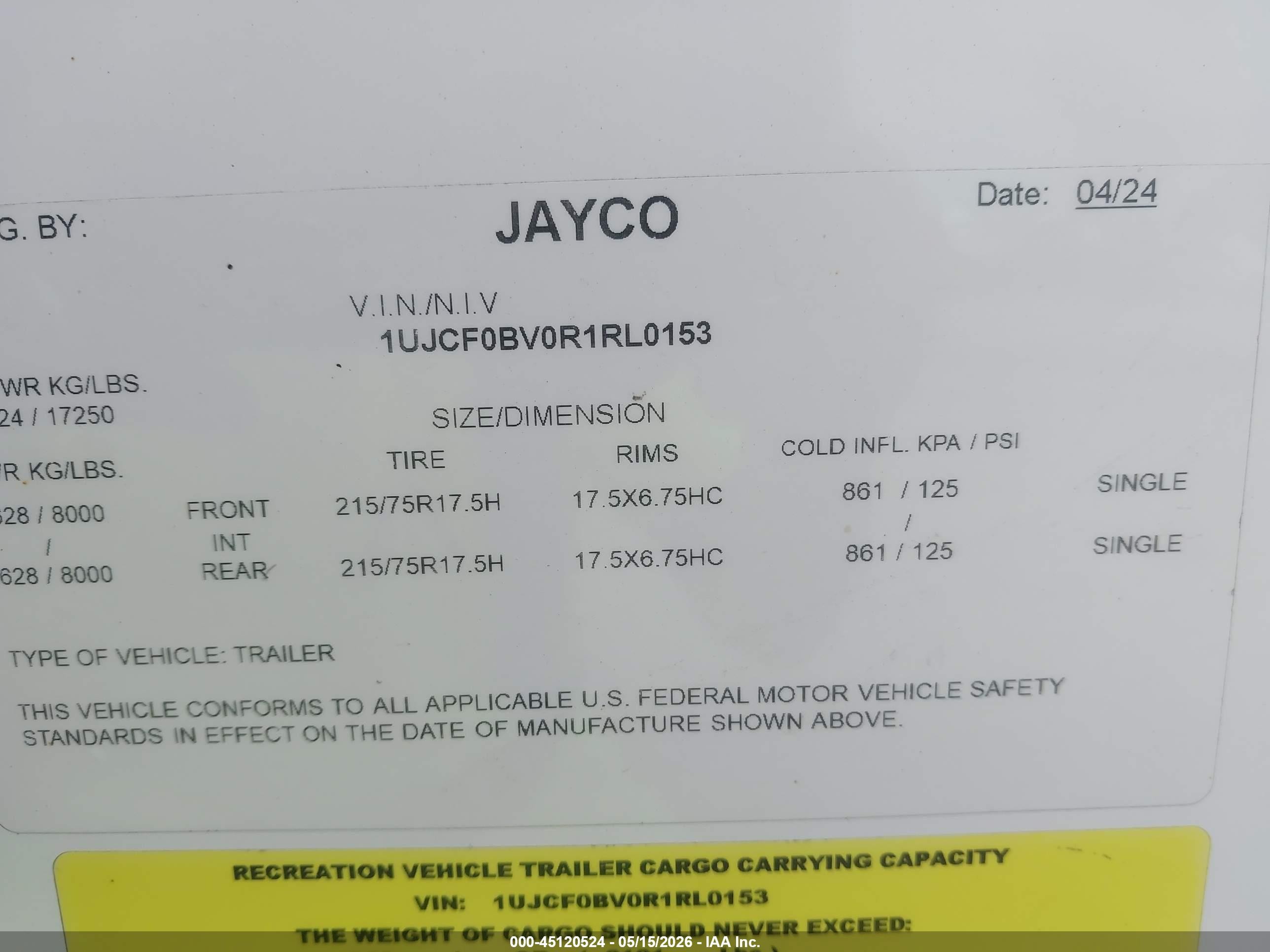2024 Jayco Fifthe VIN 1UJCF0BV0R1RL0153 IAAI salvage auction — Side, Salvage (Texas), sold $19,950 on 2026-07-07 (photo 7)