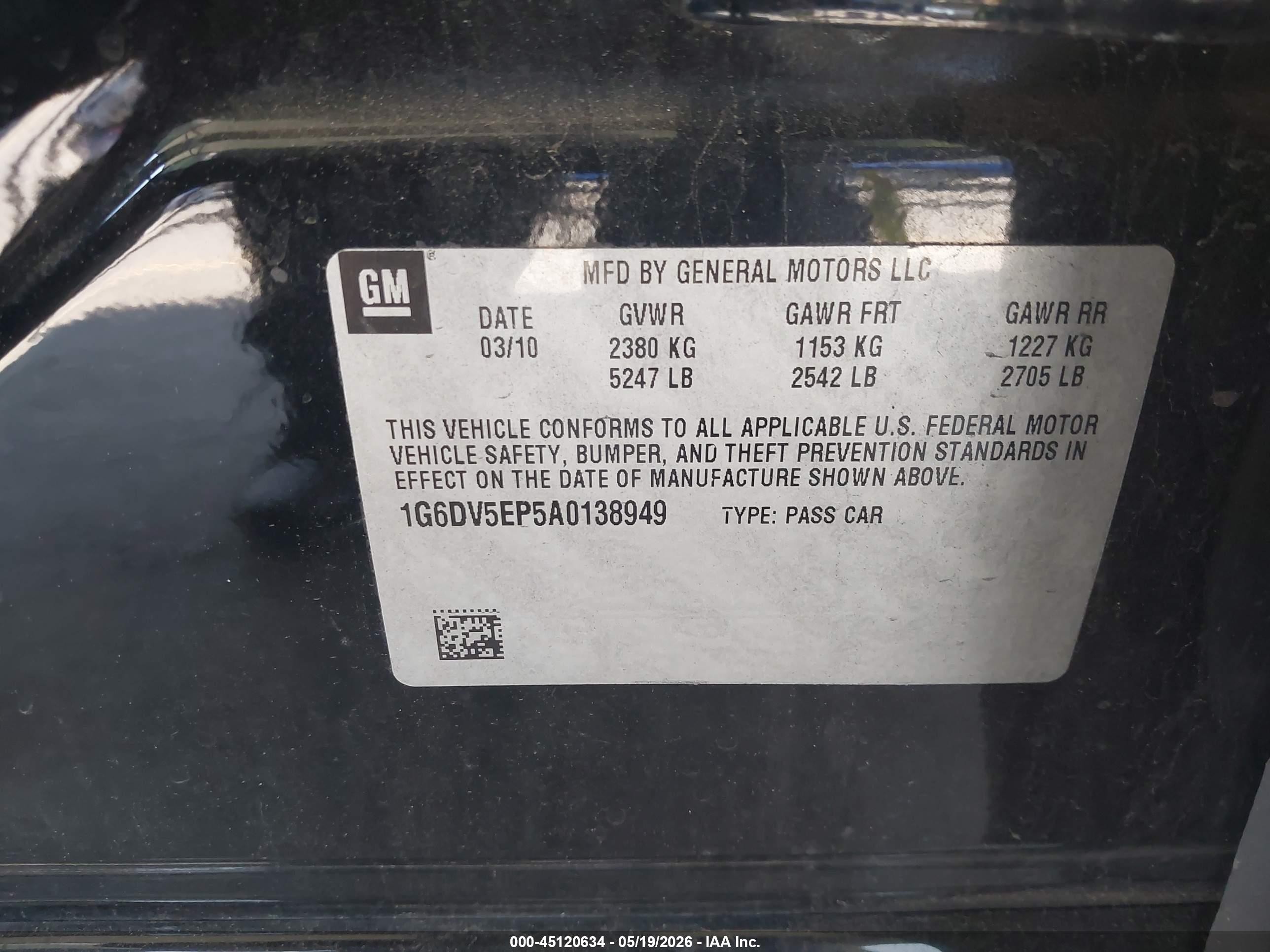 2010 Cadillac Cts-v VIN 1G6DV5EP5A0138949 IAAI salvage auction — Rear End, Salvage (Connecticut), sold $9,700 on 2026-09-28 (photo 9)