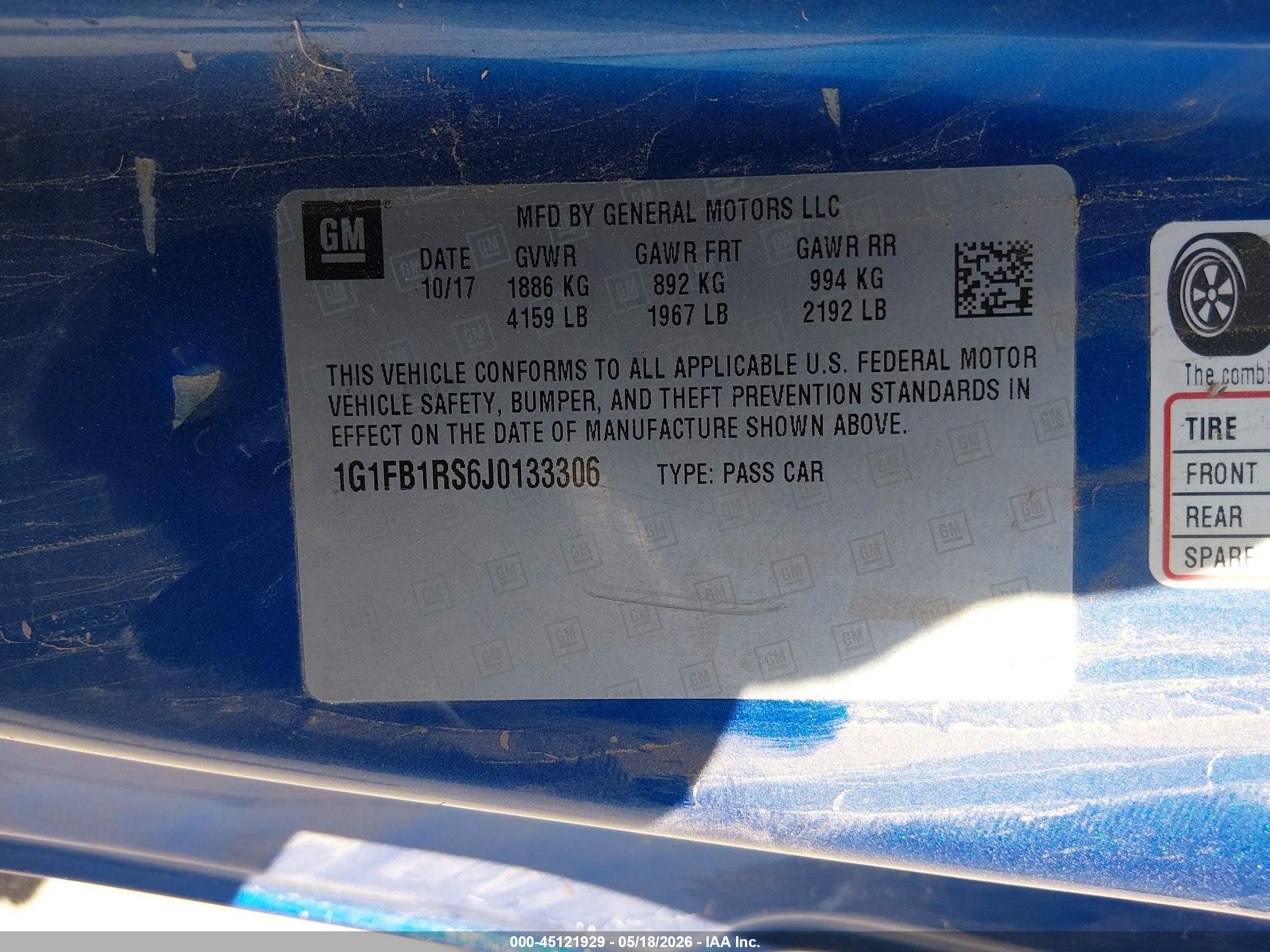 2018 Chevrolet Camaro VIN 1G1FB1RS6J0133306 IAAI salvage auction — Unknown, Salvage (Arizona), sold $2,750 on 2026-07-09 (photo 9)
