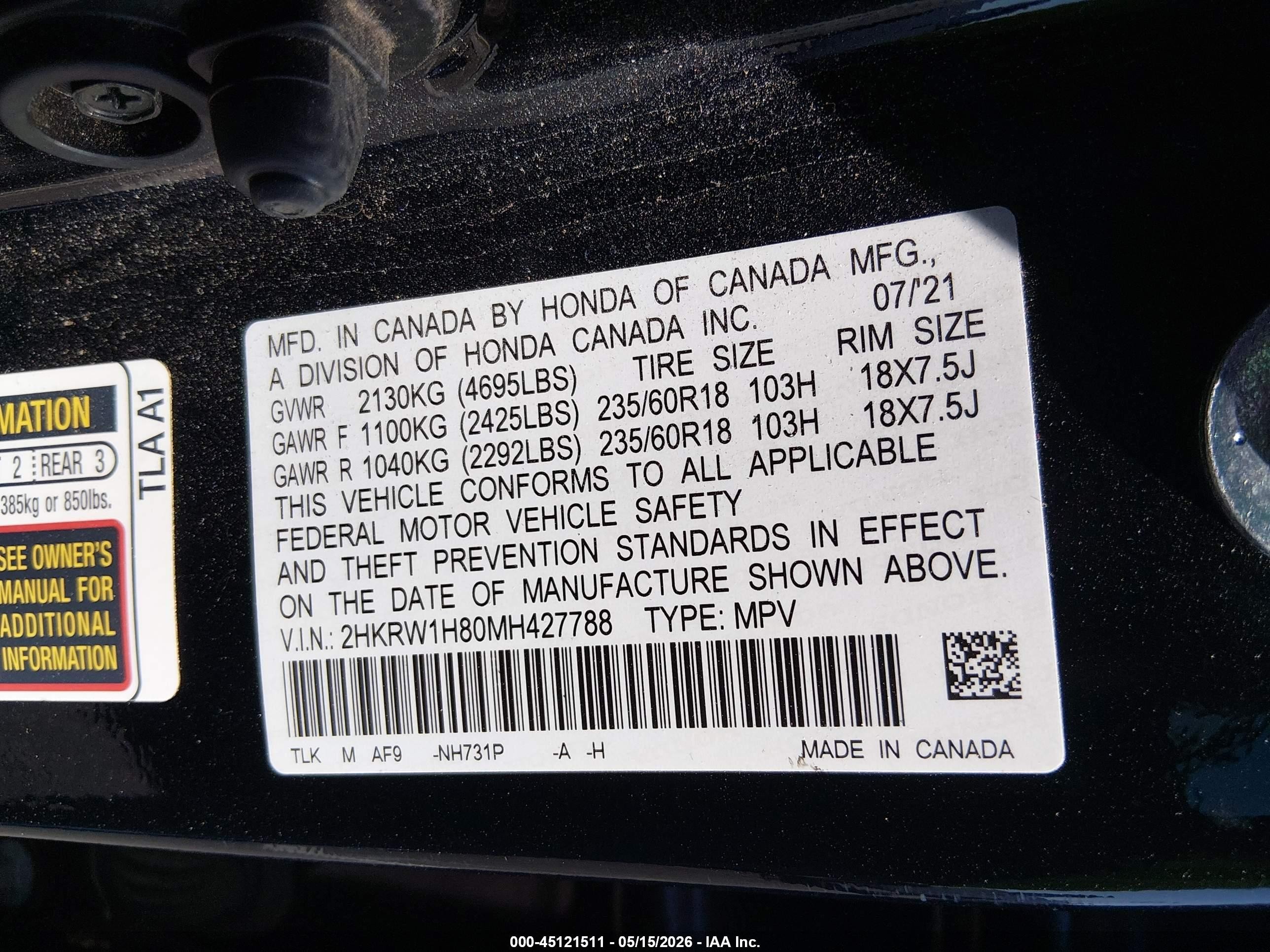 2021 Honda Cr-v VIN 2HKRW1H80MH427788 IAAI salvage auction — Rear End, Salvage (Nevada), sold $11,325 on 2026-09-26 (photo 9)