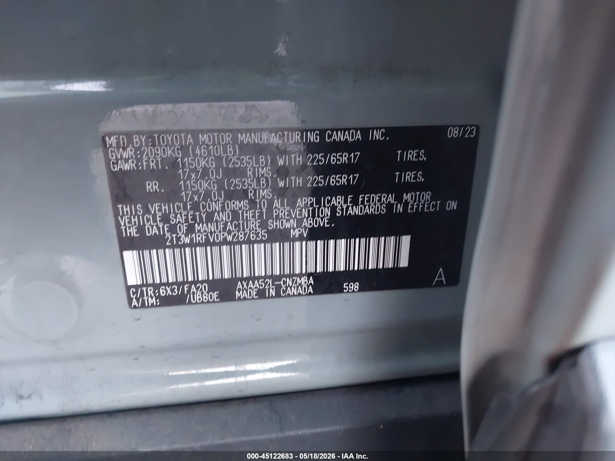 2023 Toyota Rav 4 VIN 2T3W1RFV0PW287635 IAAI salvage auction — Front End, Salvage Certificate (California), sold $8,350 on 2026-07-02 (photo 9)