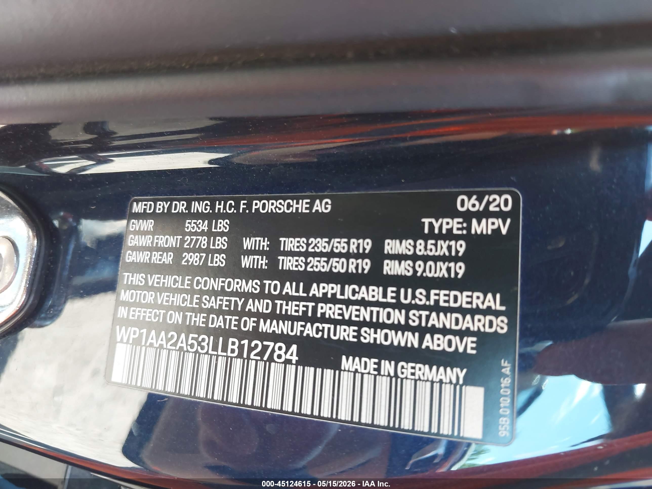 2020 Porsche Macan VIN WP1AA2A53LLB12784 IAAI salvage auction — Rear End, Salvage - Greater Than 75% (Maryland), sold $16,975 on 2026-07-06 (photo 9)