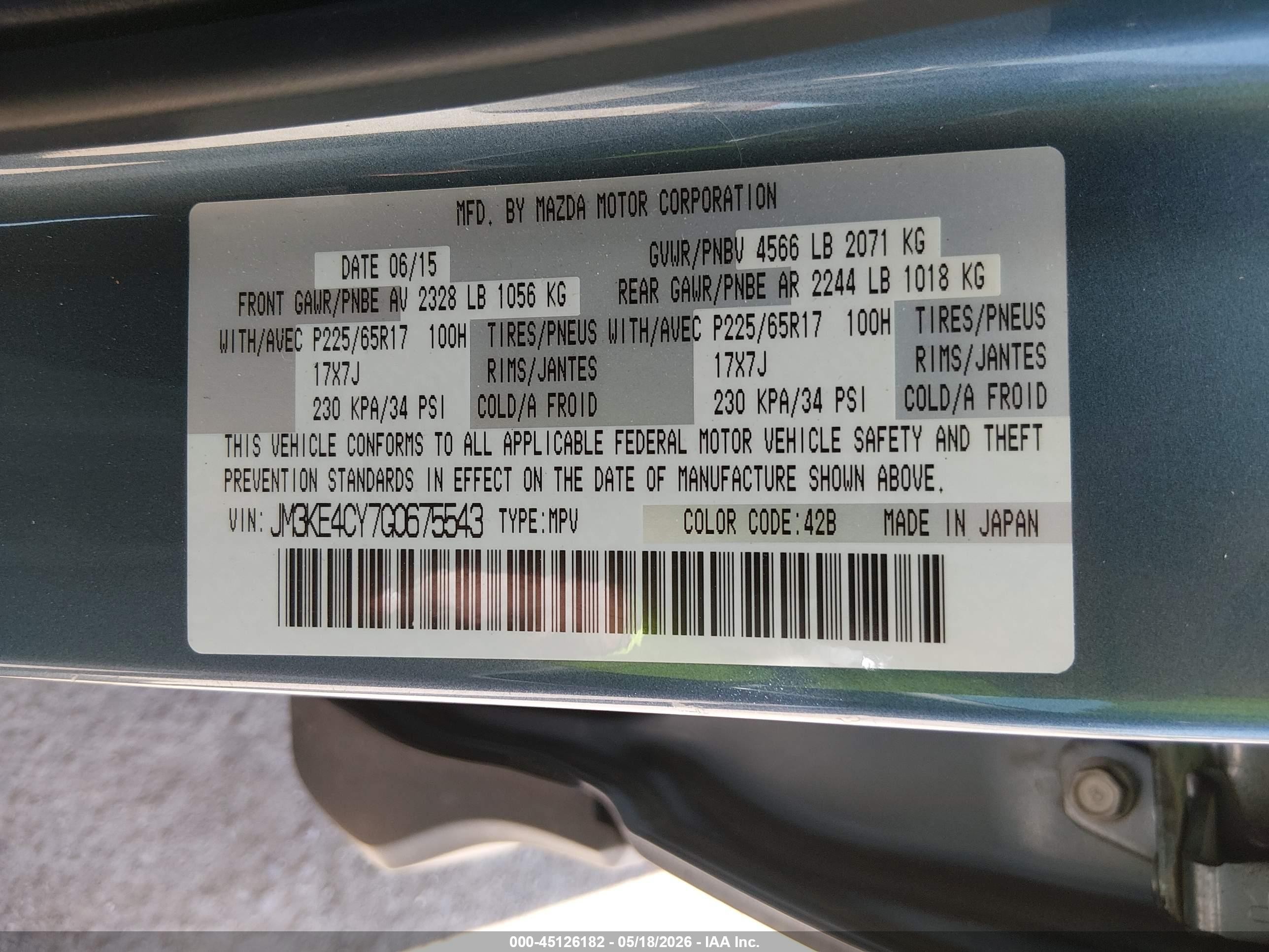 2016 Mazda CX-5 VIN JM3KE4CY7G0675543 IAAI salvage auction — Front End, Salvage (Arizona), sold $3,400 on 2026-07-02 (photo 9)
