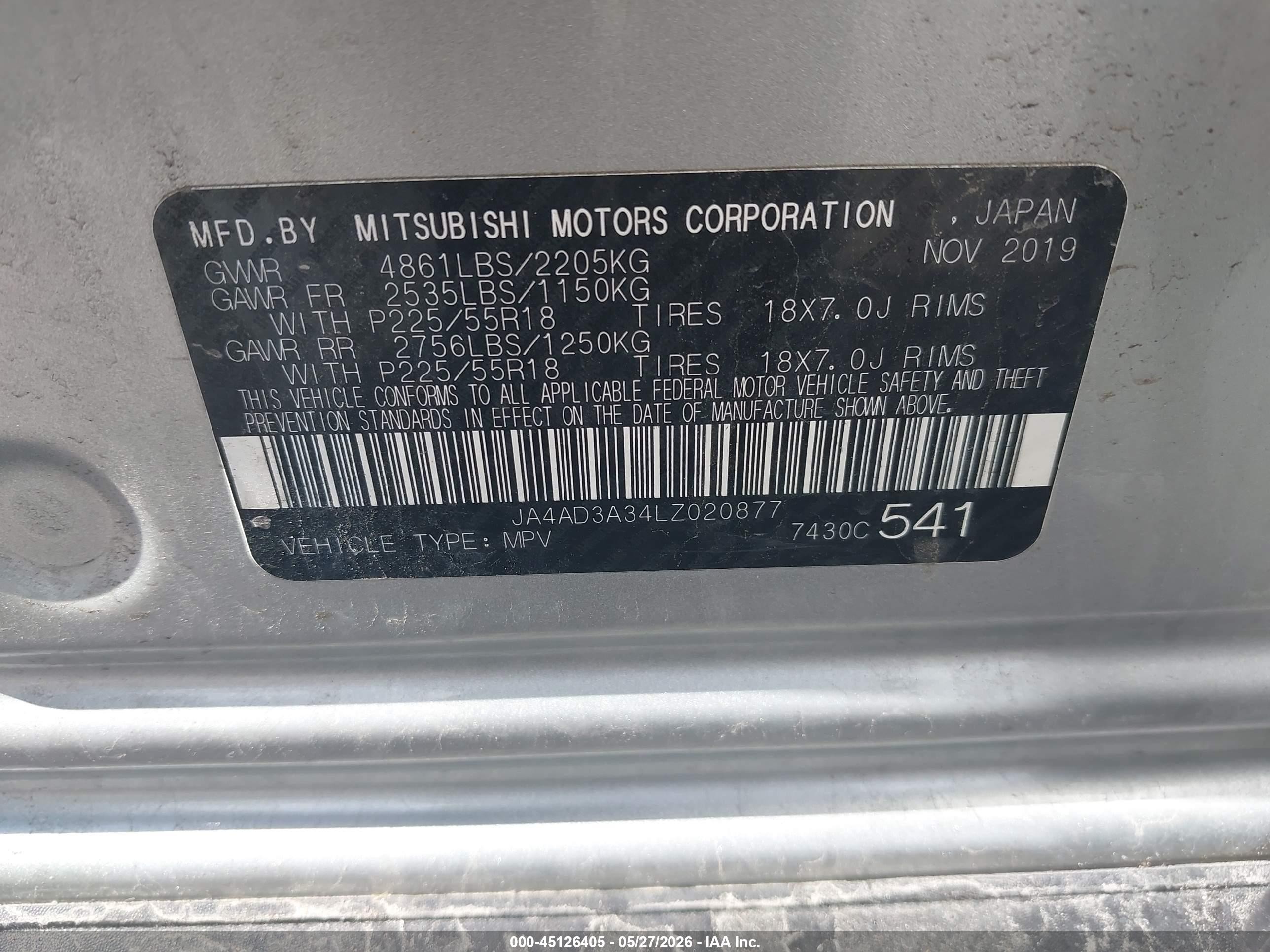 2020 Mitsubishi Outlander VIN JA4AD3A34LZ020877 IAAI salvage auction — Rear End, Rebuildable (Florida), sold $2,650 on 2026-09-25 (photo 9)
