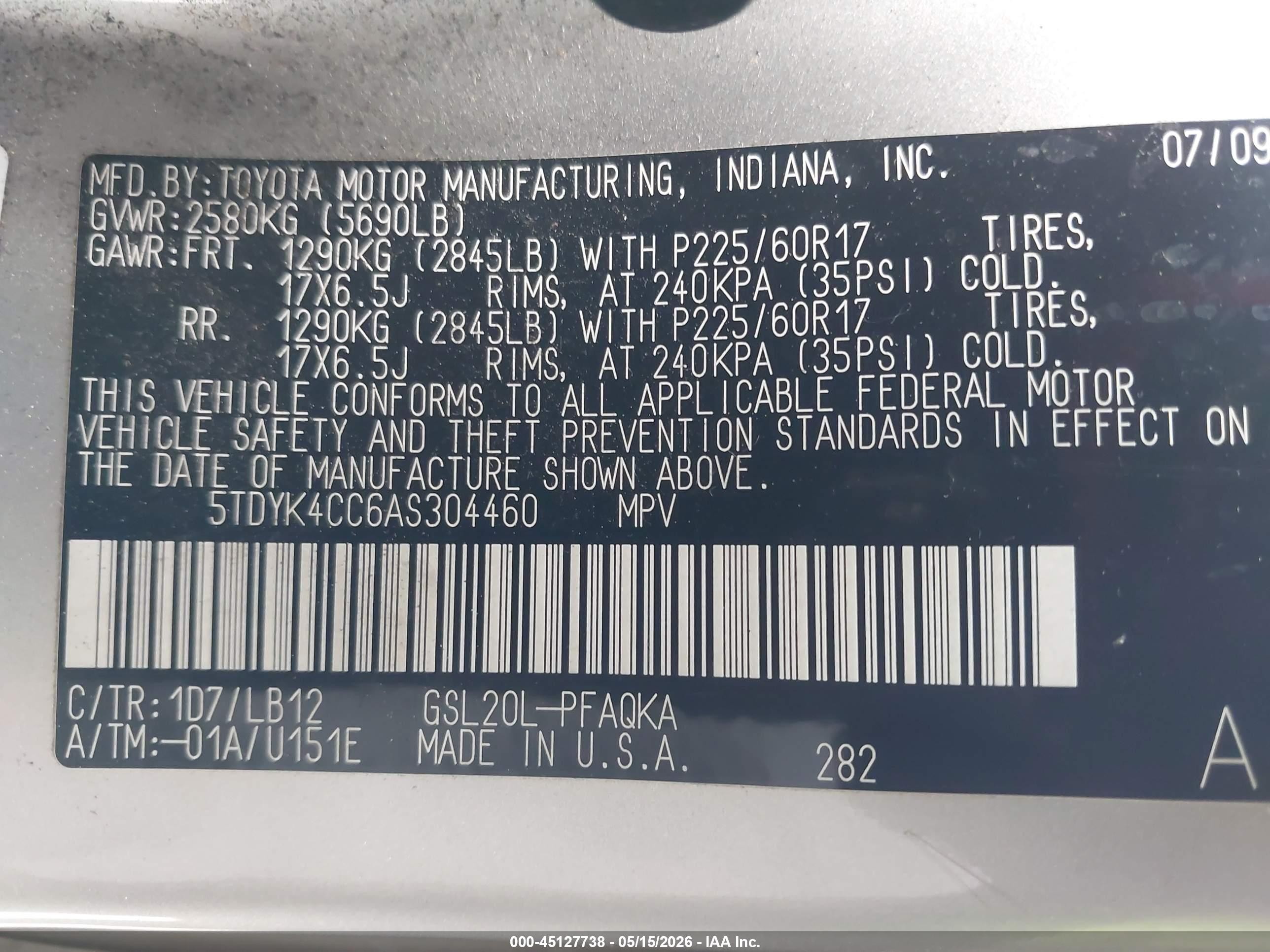 2010 Toyota Sienna VIN 5TDYK4CC6AS304460 IAAI salvage auction — Side, Salvage (California), sold $1,150 on 2026-07-09 (photo 9)