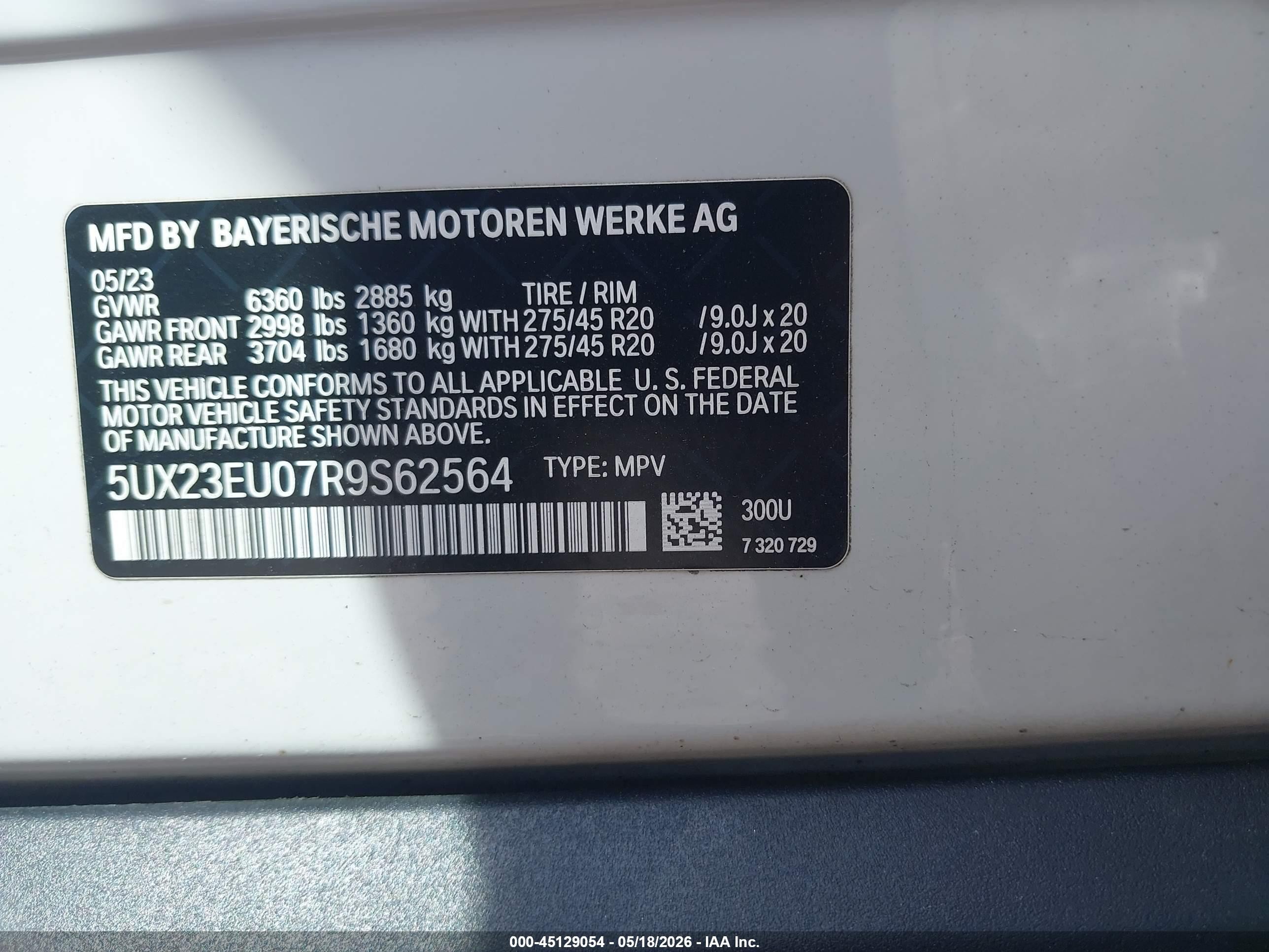 2024 BMW X5 VIN 5UX23EU07R9S62564 IAAI salvage auction — Rear End, Salvage (Massachusetts), sold $32,500 on 2026-07-11 (photo 9)
