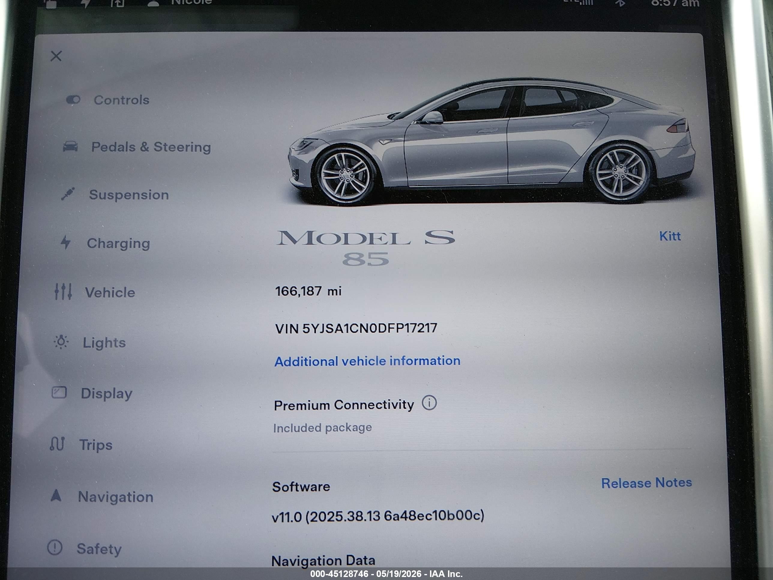 2013 Tesla Model S VIN 5YJSA1CN0DFP17217 IAAI salvage auction — Side, Original (Texas), sold $1,875 on 2026-06-30 (photo 7)