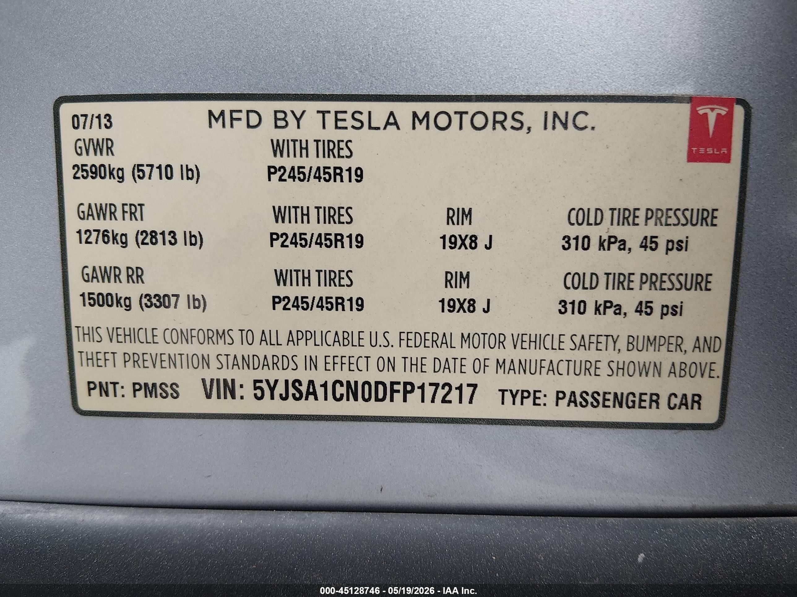 2013 Tesla Model S VIN 5YJSA1CN0DFP17217 IAAI salvage auction — Side, Original (Texas), sold $1,875 on 2026-06-30 (photo 9)