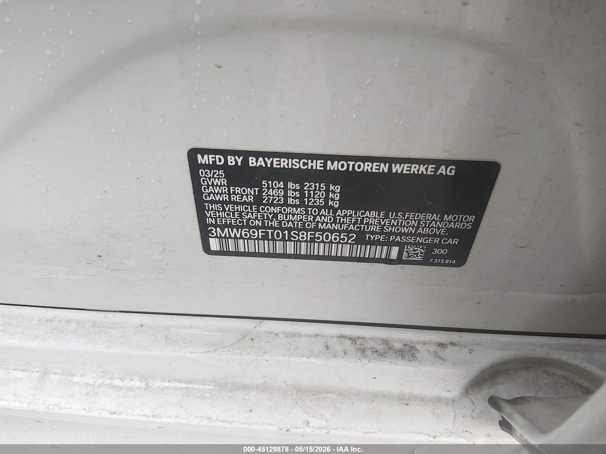 2025 BMW 3er VIN 3MW69FT01S8F50652 IAAI salvage auction — Front End, Salvage (New Hampshire), sold $26,850 on 2026-08-17 (photo 9)