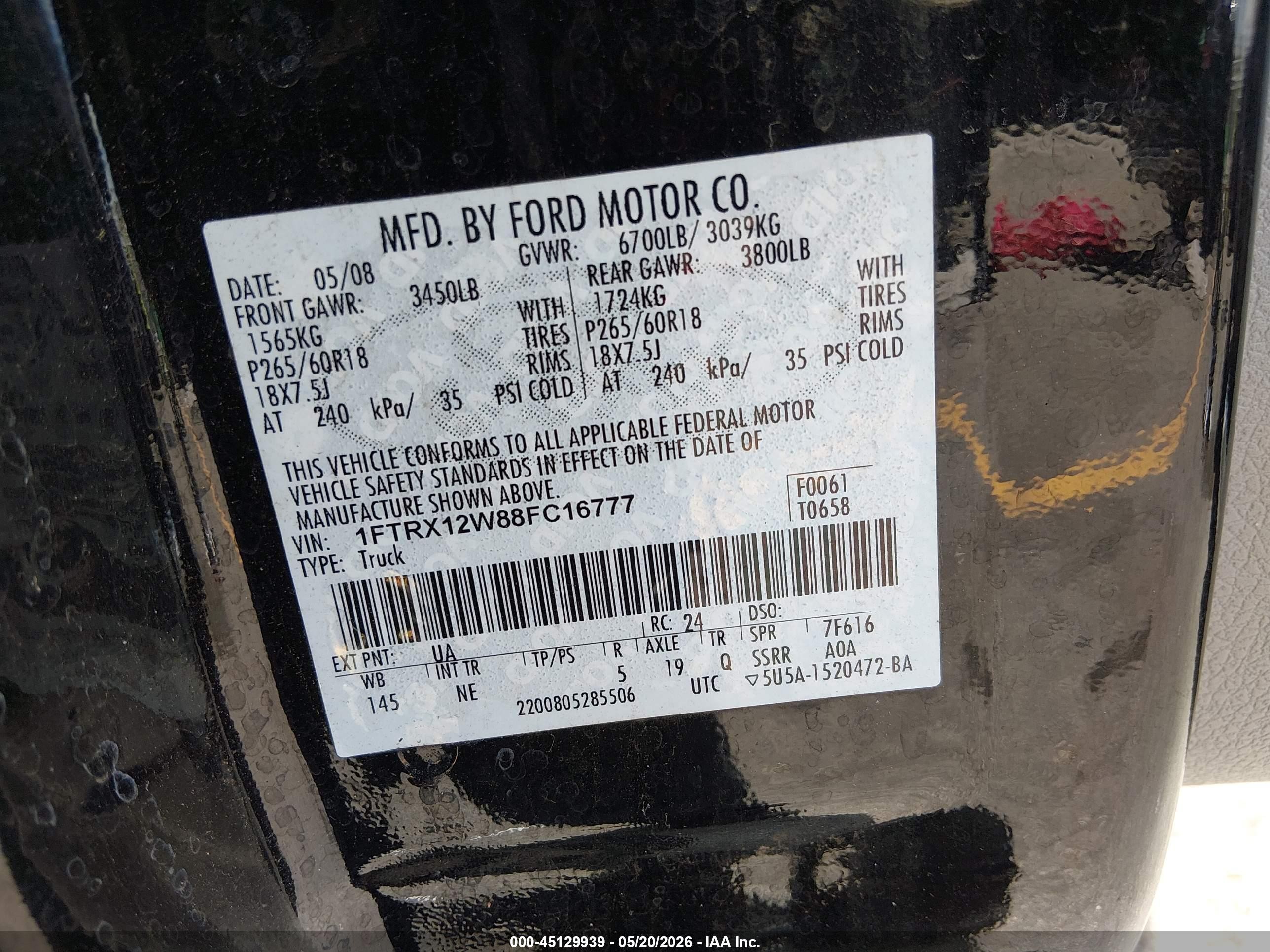 2008 Ford F-150 VIN 1FTRX12W88FC16777 IAAI salvage auction — Unknown, Rebuildable (Florida), sold $1,250 on 2026-07-09 (photo 9)