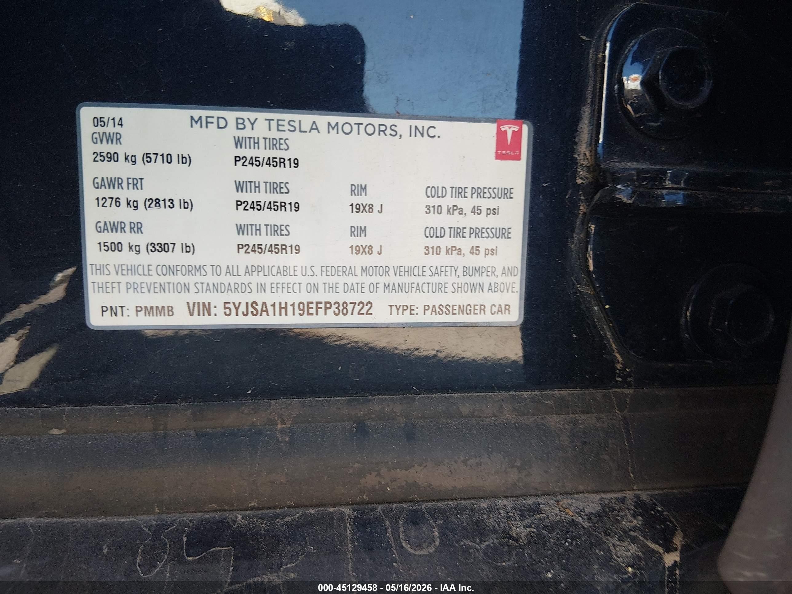 2014 Tesla Model S VIN 5YJSA1H19EFP38722 IAAI salvage auction — Front End, Clear (Montana), sold $2,250 on 2026-07-09 (photo 9)